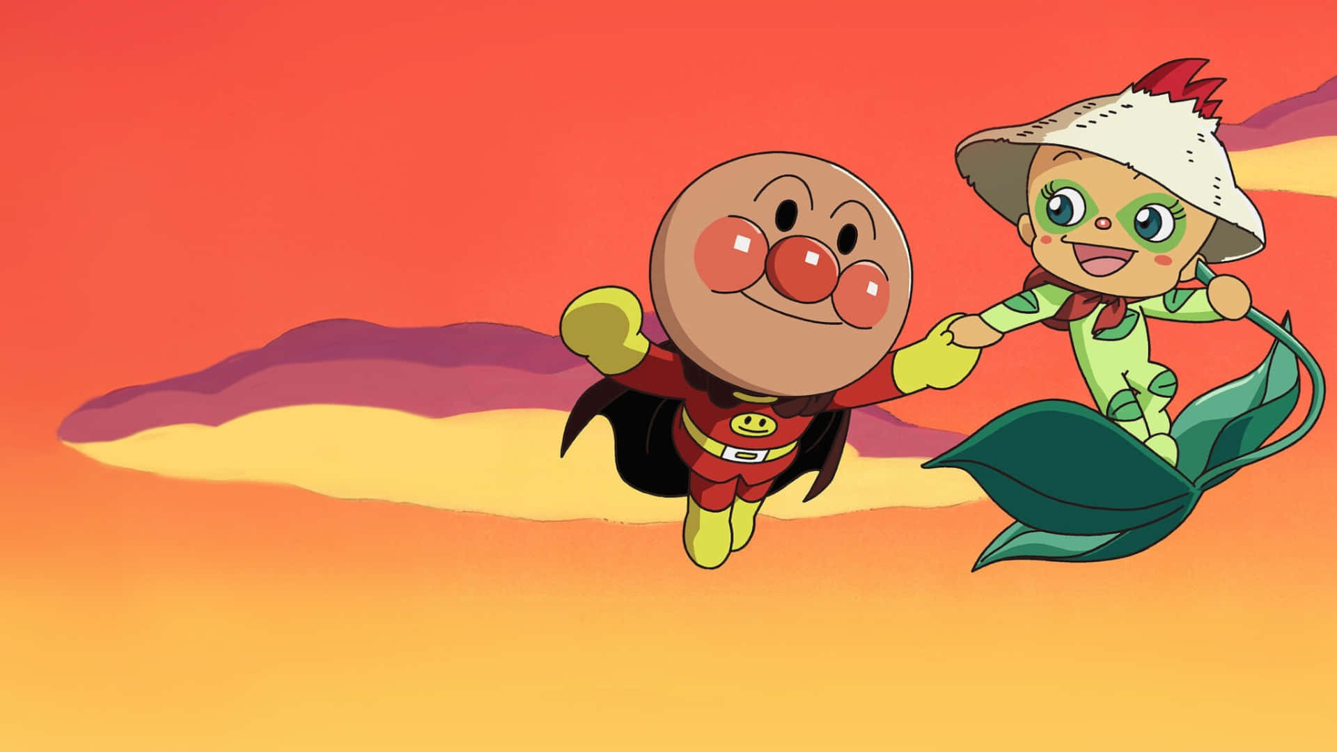 Anpanman, leafy friend, vibrant sunset sky, Full HD Desktop Wallpaper