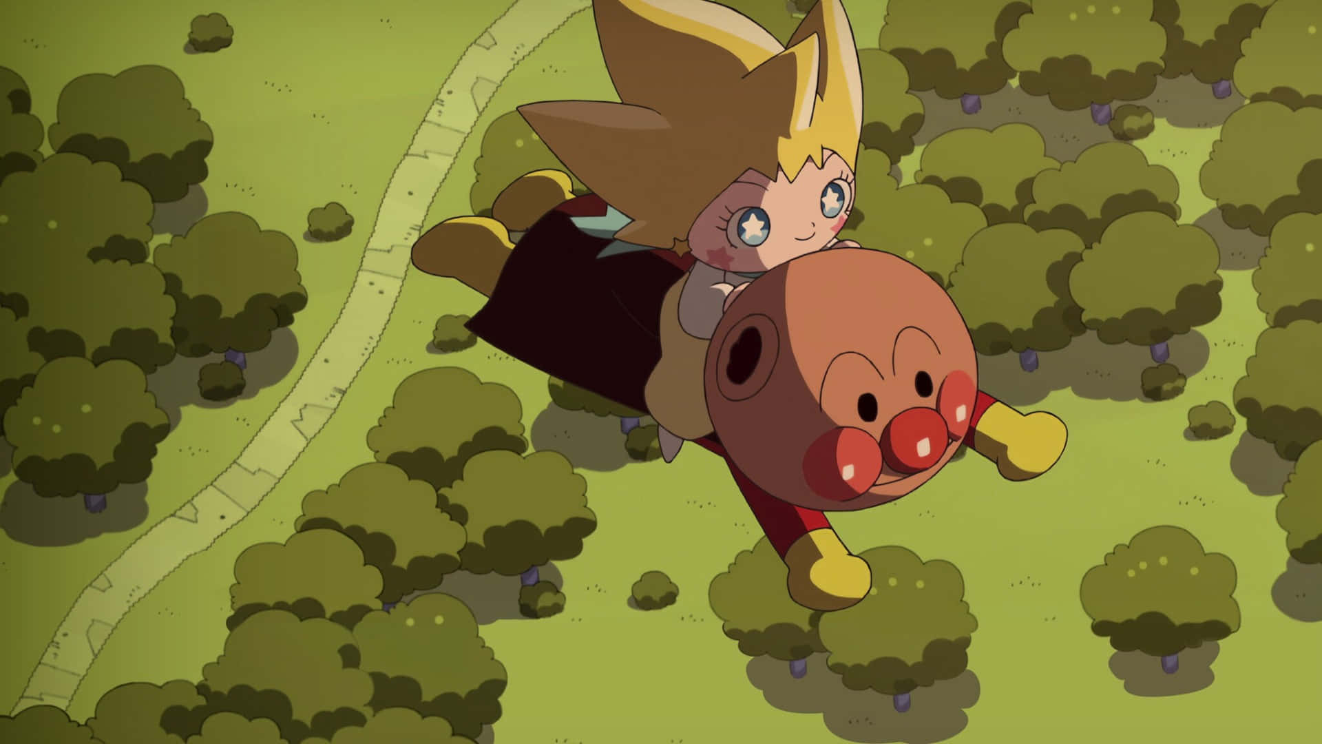 Anpanman, flying Anpanman, lush green forest, Full HD Desktop Wallpaper