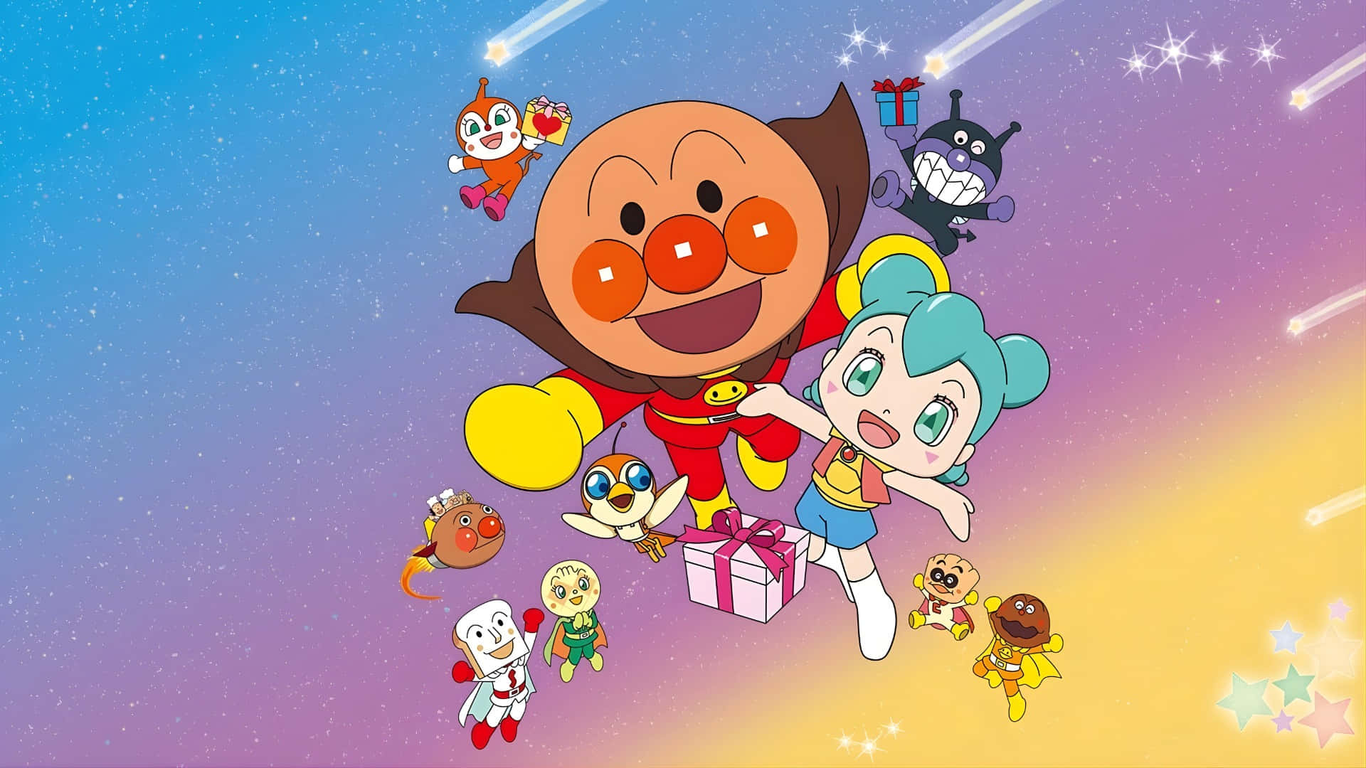 Anpanman, friends, starry sky, Full HD Desktop Wallpaper