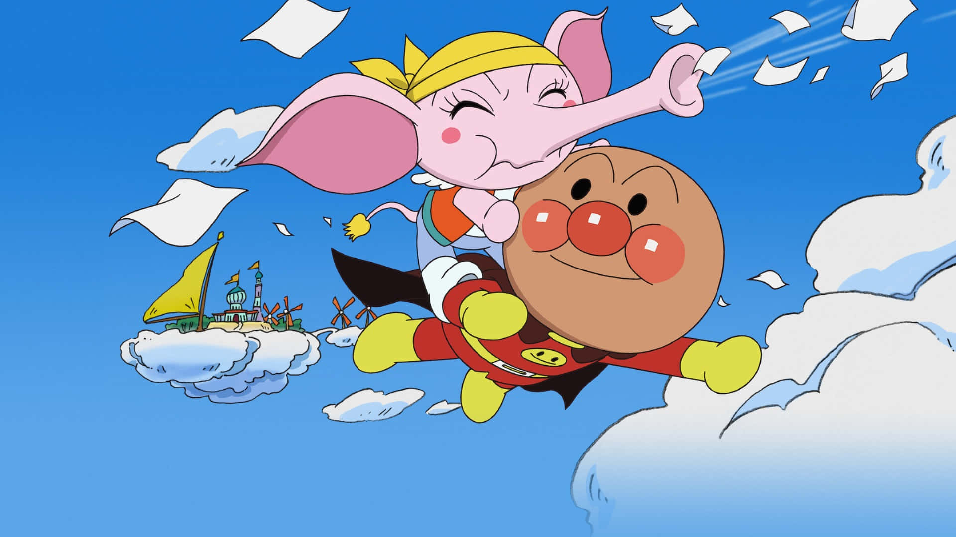 Anpanman, pink elephant, yellow bandana, Full HD Desktop Wallpaper