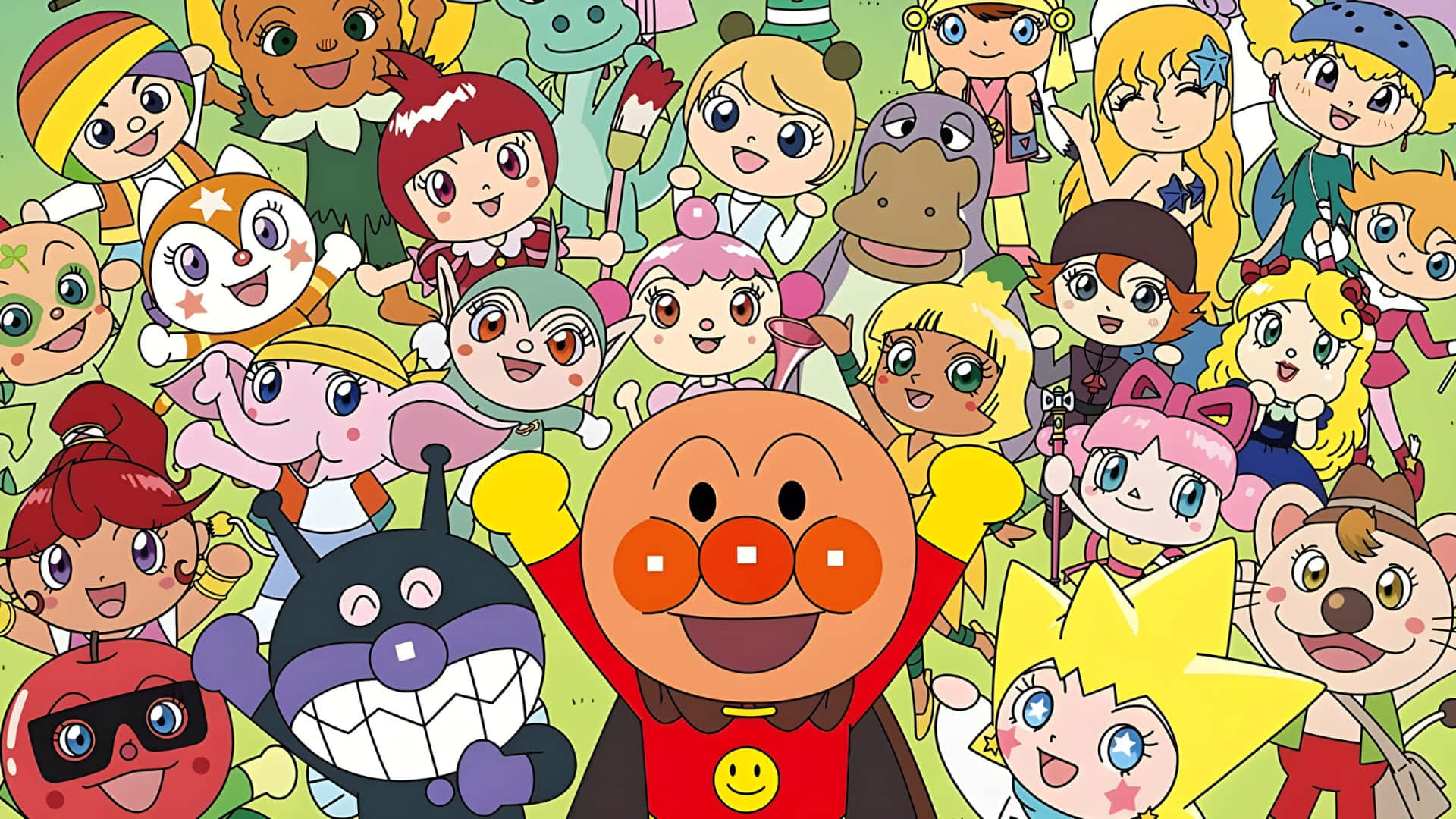 Anpanman, cartoon group, cheerful anime characters, Full HD Desktop Wallpaper