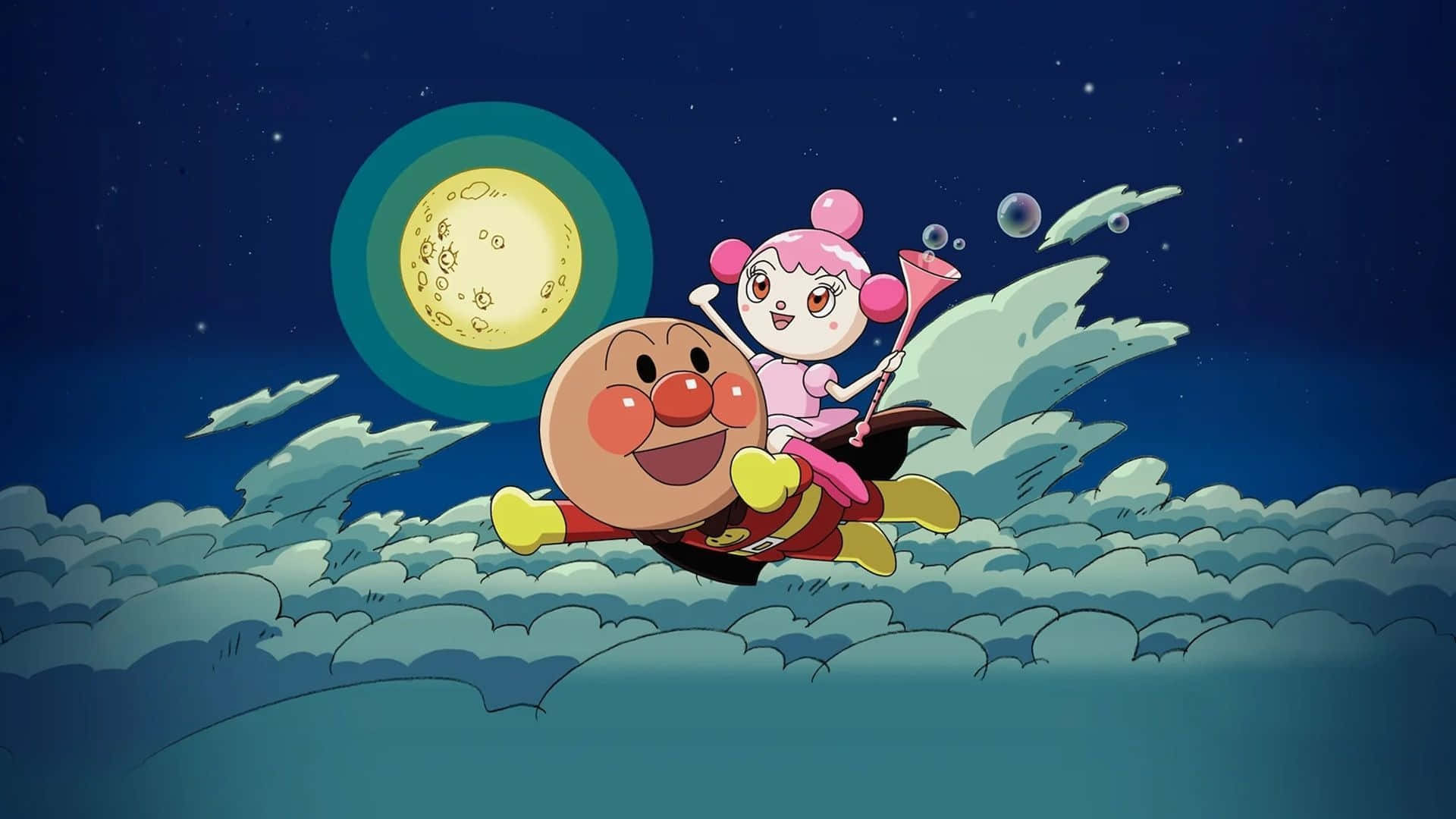Anpanman, pink-haired girl, starry night skies, Full HD Desktop Wallpaper