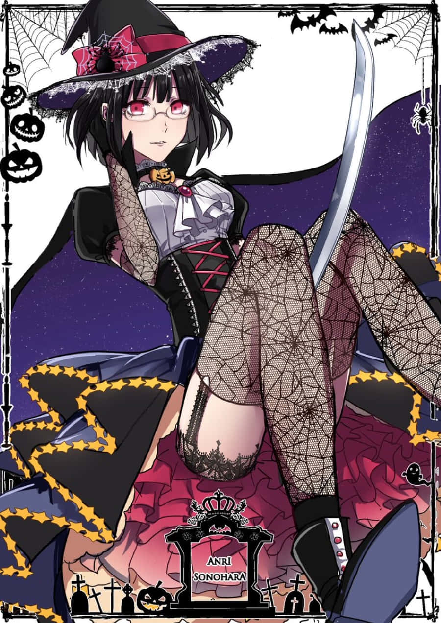 Anri Sonohara, red eyes, spiderweb-patterned outfit, SD Phone Wallpaper