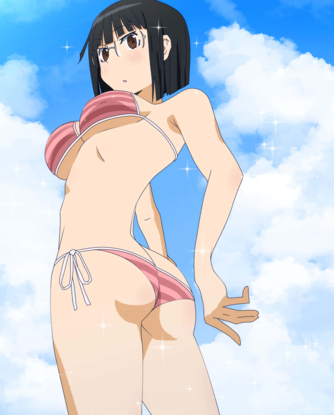 Anri Sonohara, pink striped bikini, bright blue sky, HD Phone Wallpaper