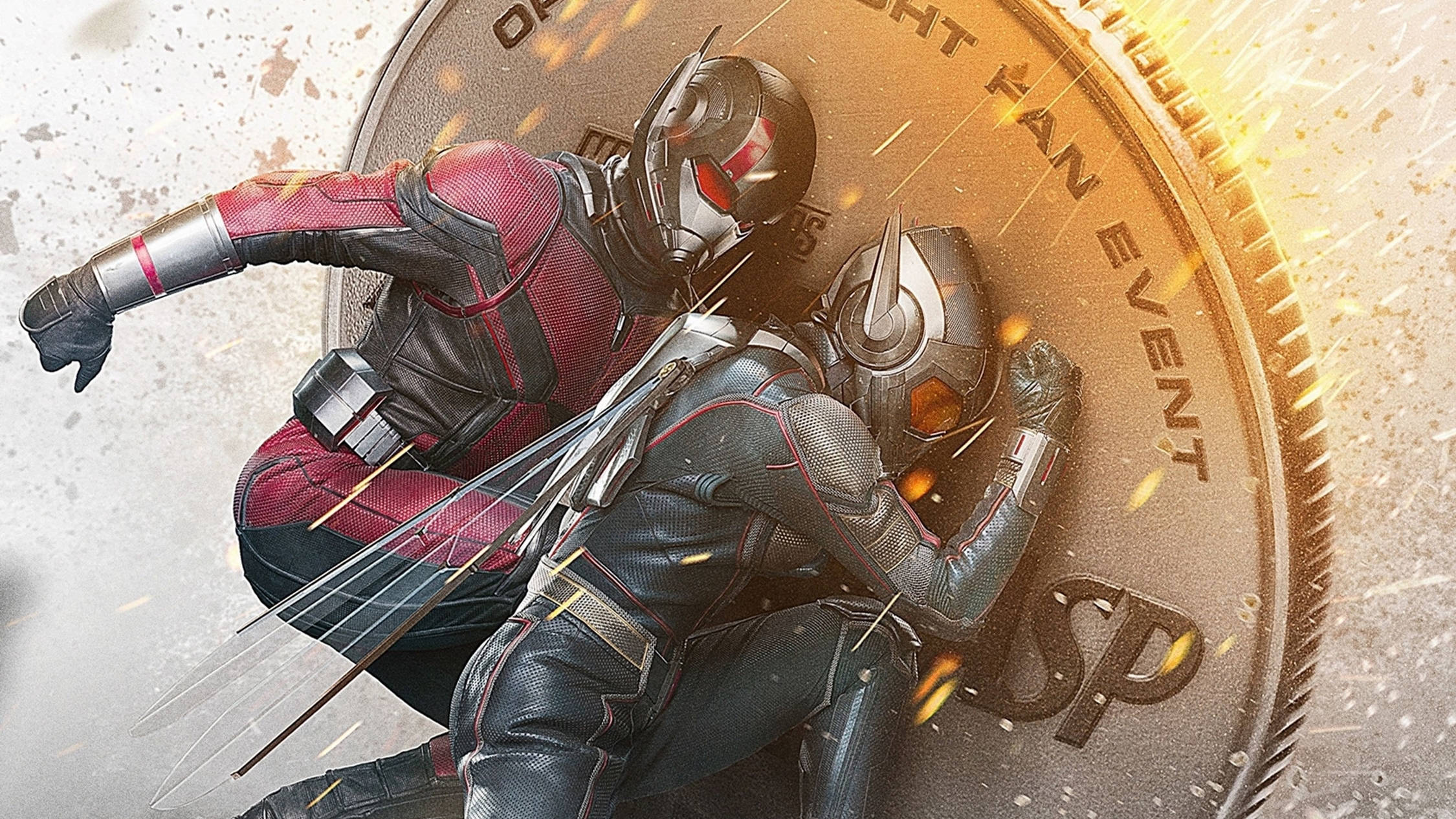 Ant Man, red and black suits, glowing golden coin backdrop, Full HD Desktop Wallpaper