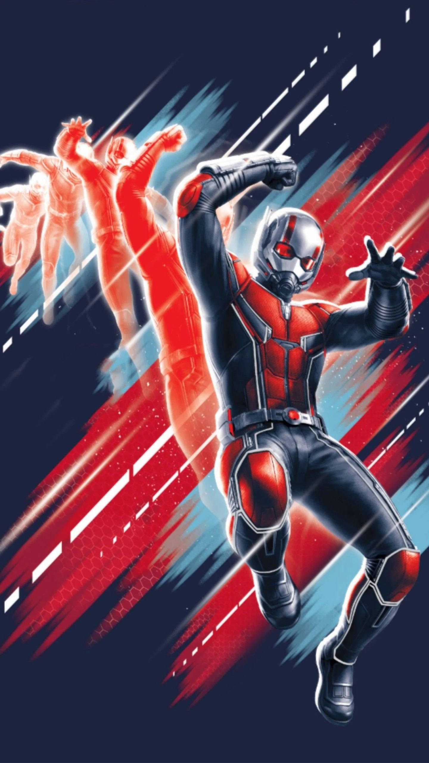 Ant-Man, red and black suit, streaked red blue background, 2K Phone Wallpaper