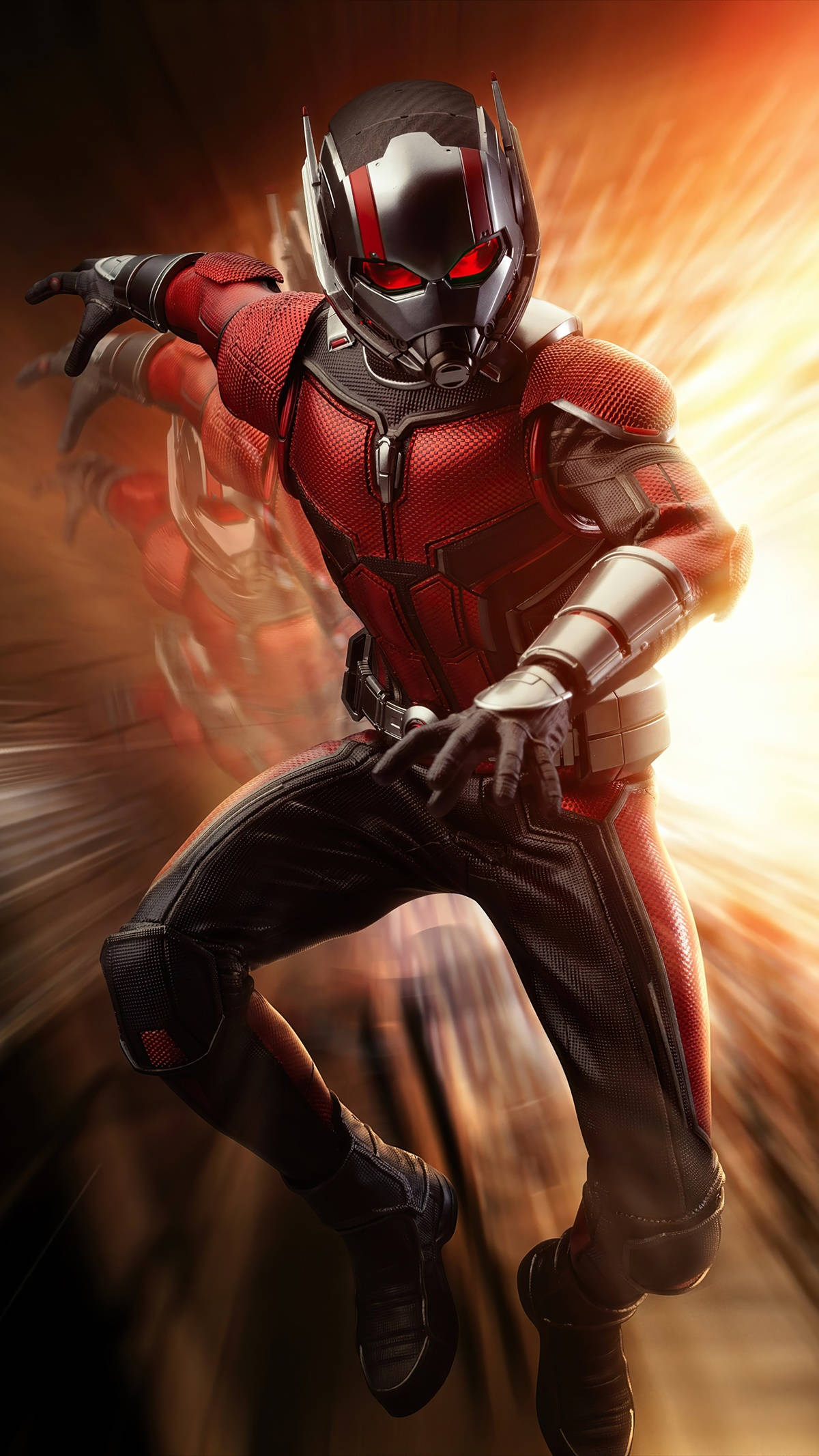 Ant-Man, red and black suit, fiery orange and yellow motion-blurred background, Full HD Phone Wallpaper