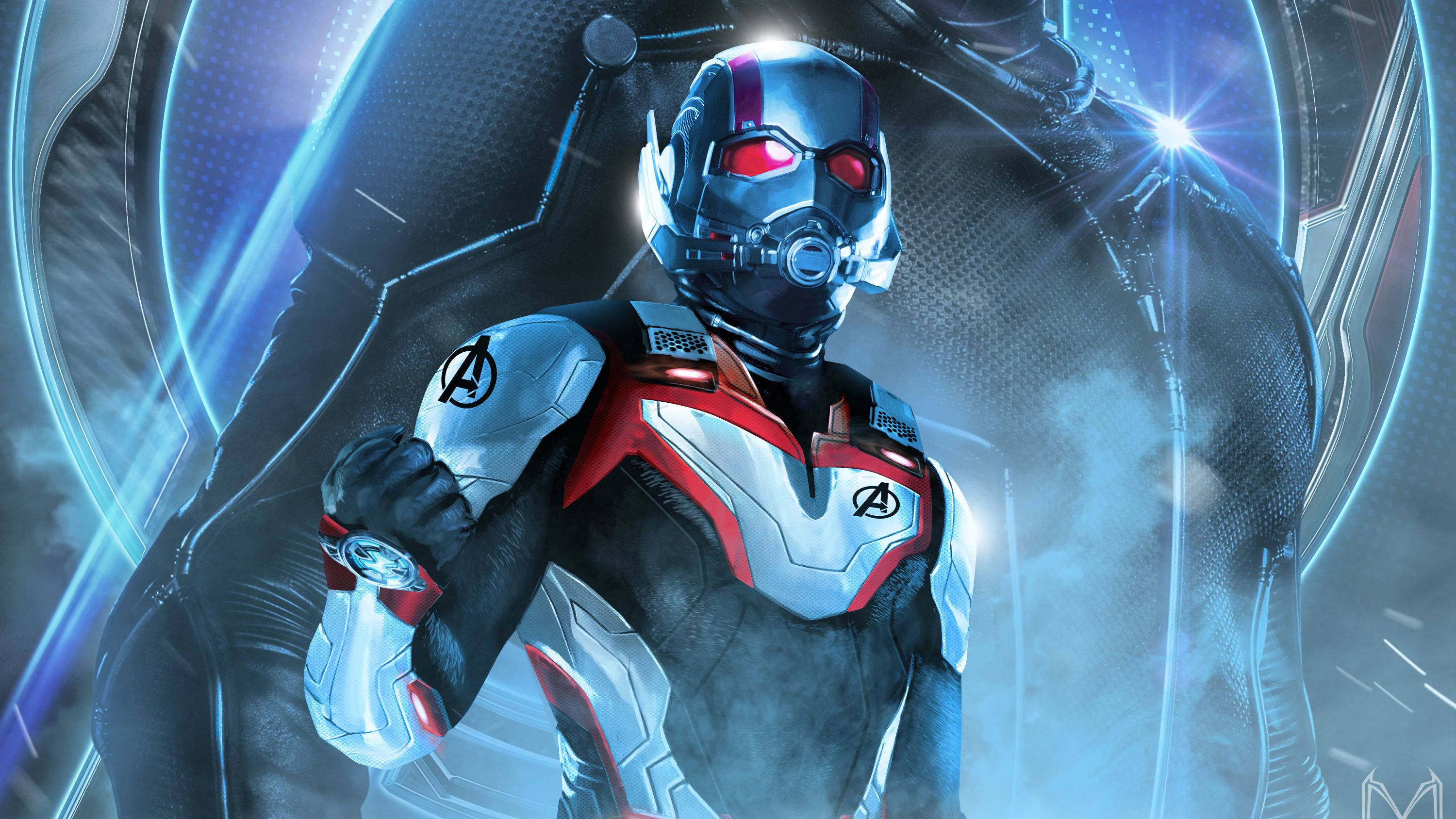 Ant Man, sleek silver red and black suit, glowing blue energy rings, 2K Desktop Wallpaper
