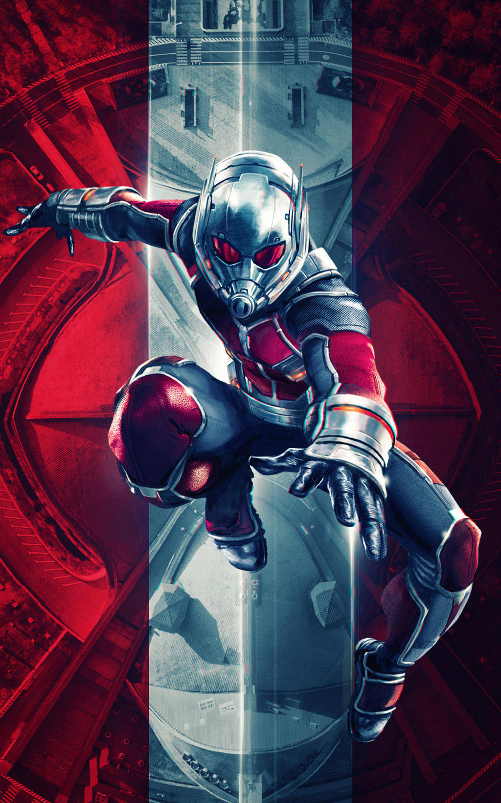 Ant-Man, red and silver suit, split red and gray futuristic cityscape, HD Phone Wallpaper