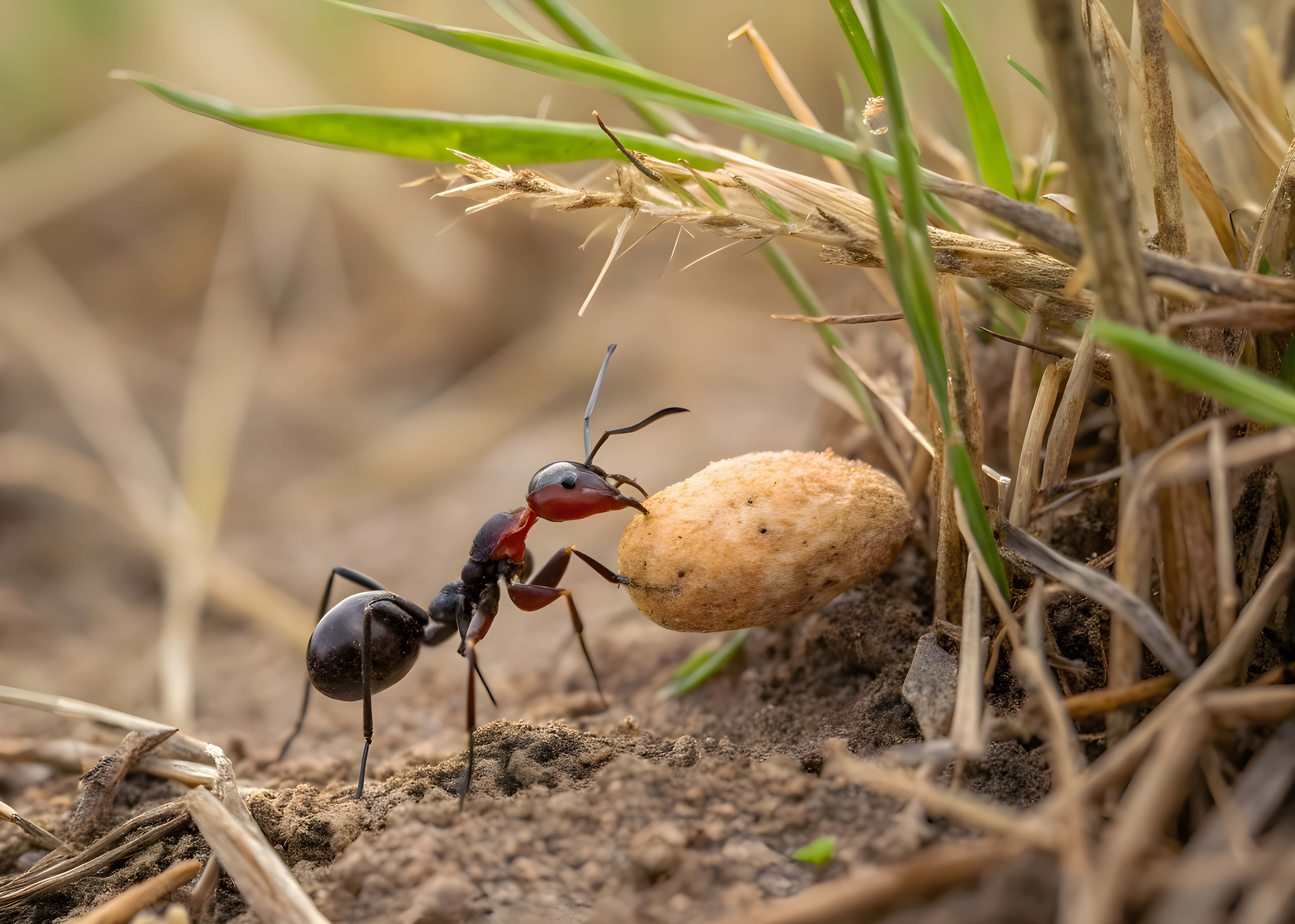 black ant, red thorax, light brown seed, 8K Desktop Wallpaper