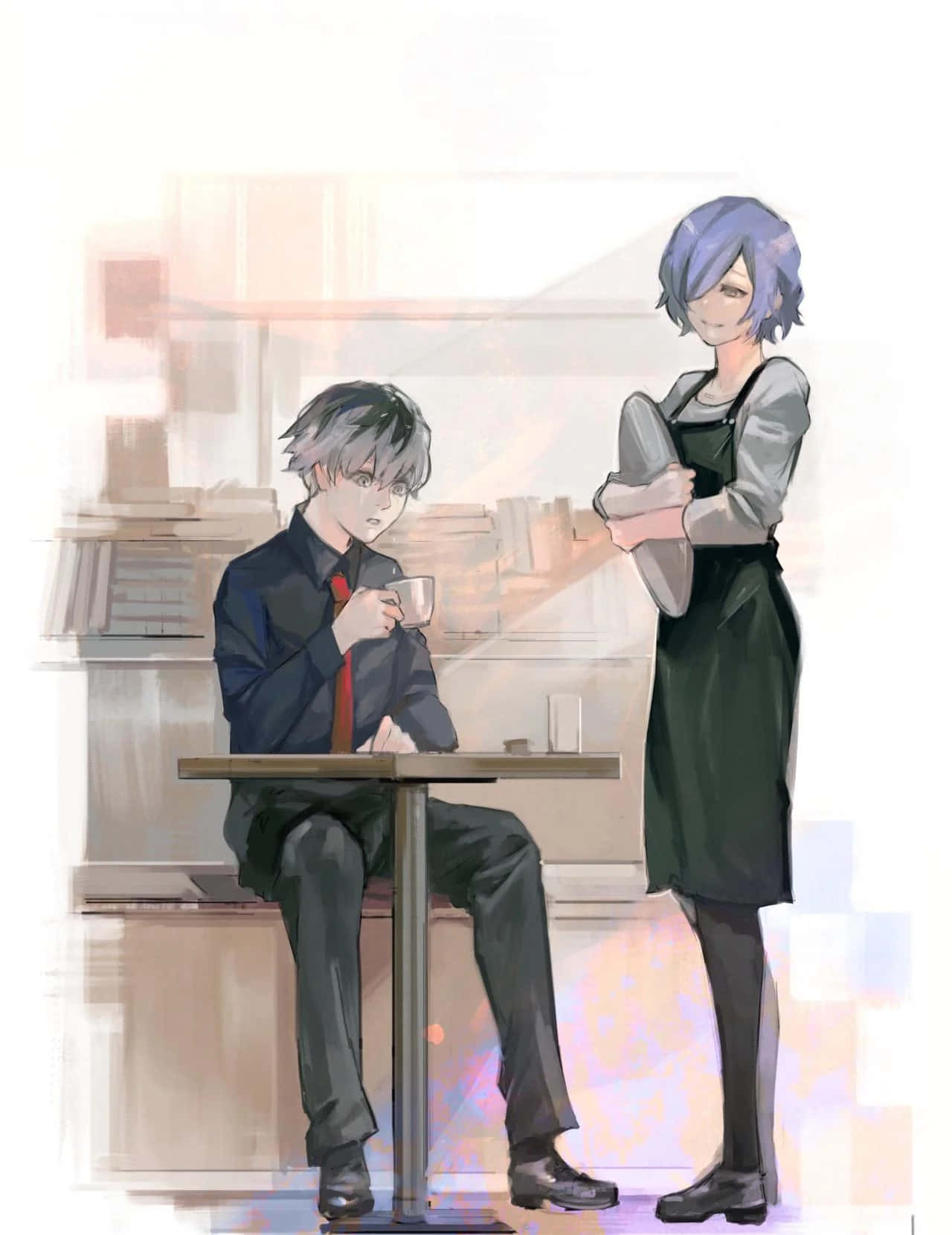 Anteiku, cafe table, purple-haired barista, HD Phone Wallpaper