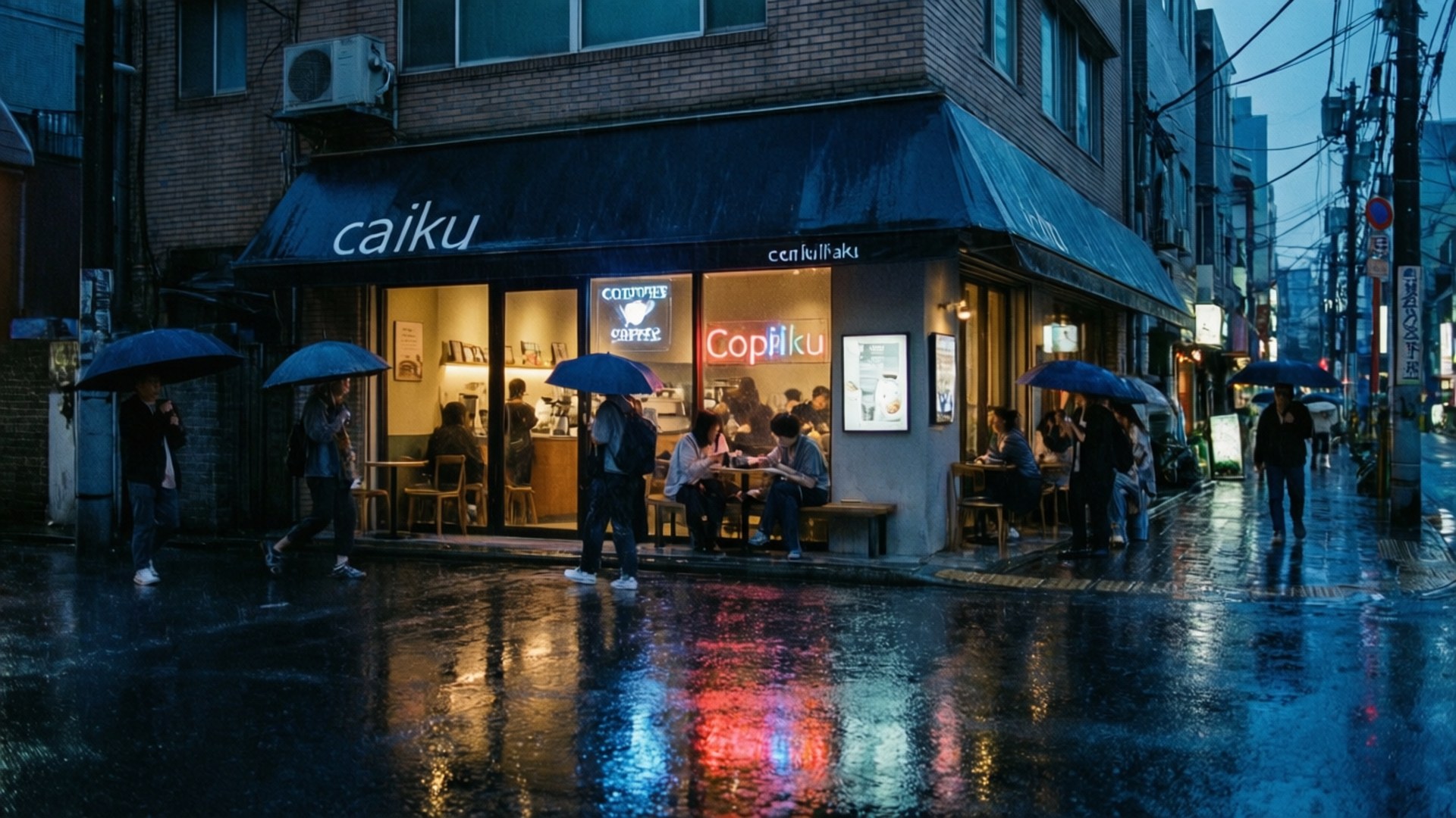 Anteiku, rain-slicked urban street, dusk, Full HD Desktop Wallpaper