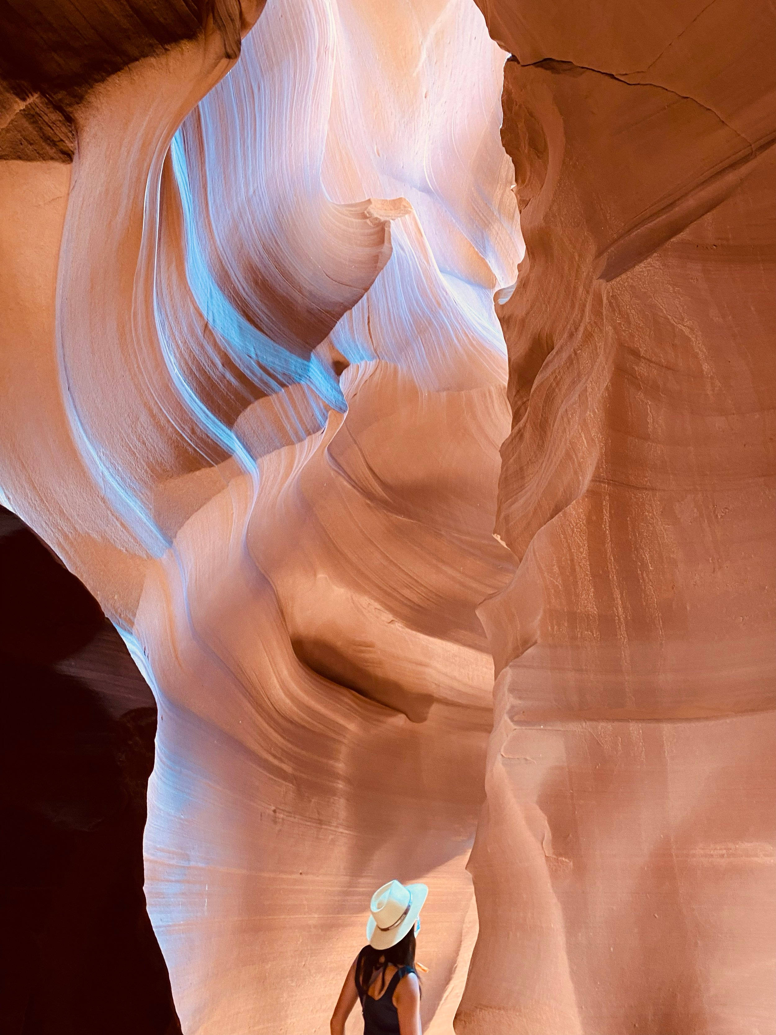 Antelope Canyon, blue hues, white hat, 2K Phone Wallpaper