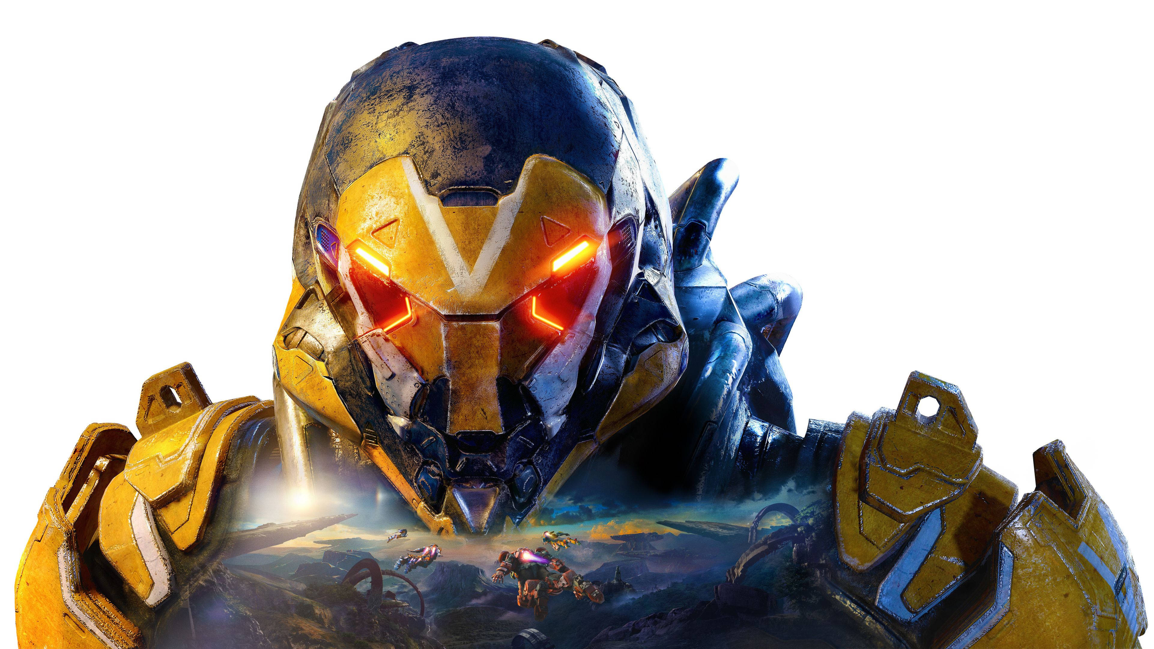 Anthem 4K, yellow and blue armored mech, glowing red eyes, 4K Desktop Wallpaper