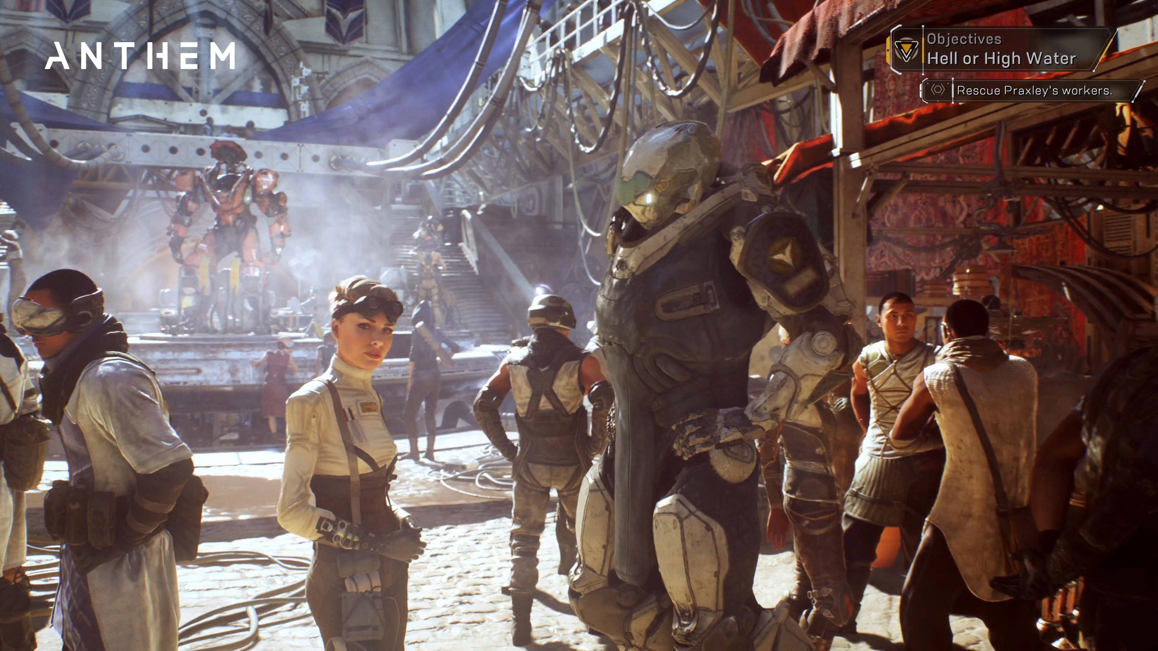 Anthem 4K, armored adventurers, futuristic marketplace, 4K Desktop Wallpaper
