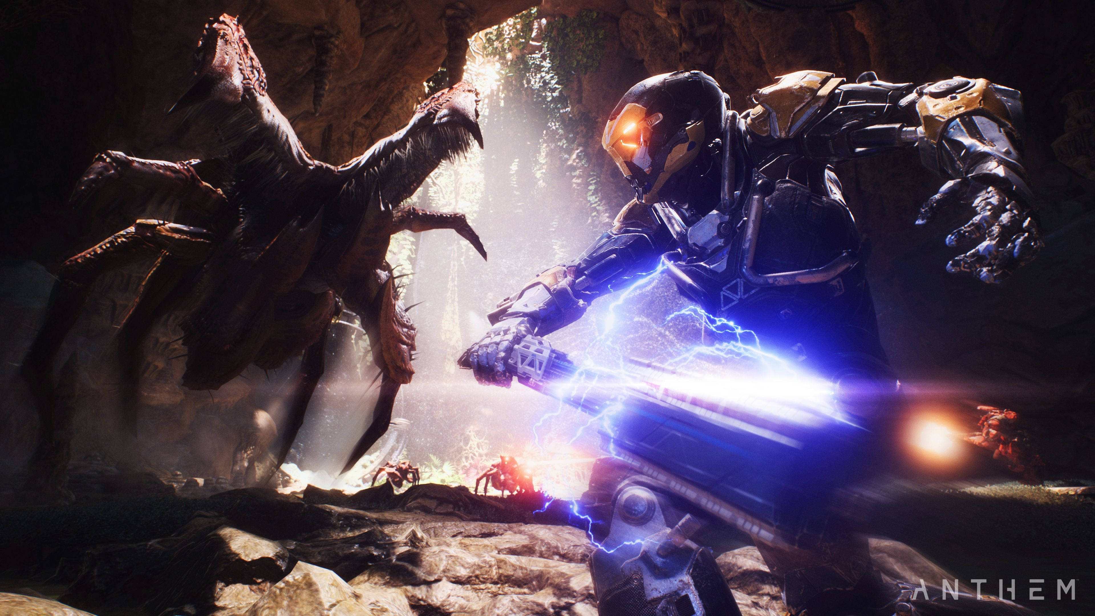 Anthem 4K, glowing blue energy weapon, monstrous dinosaur-like creature, 4K Desktop Wallpaper