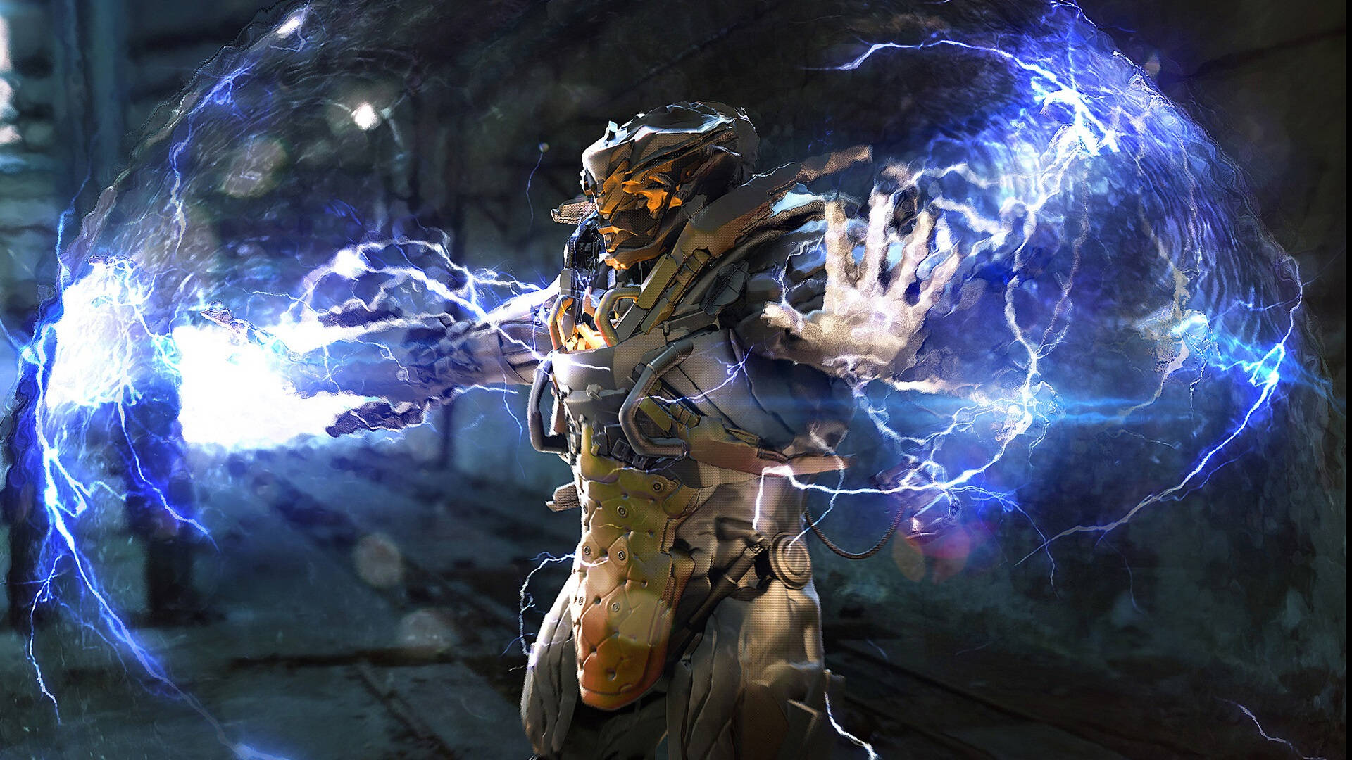 Anthem 4K, humanoid game character, crackling blue lightning, Full HD Desktop Wallpaper