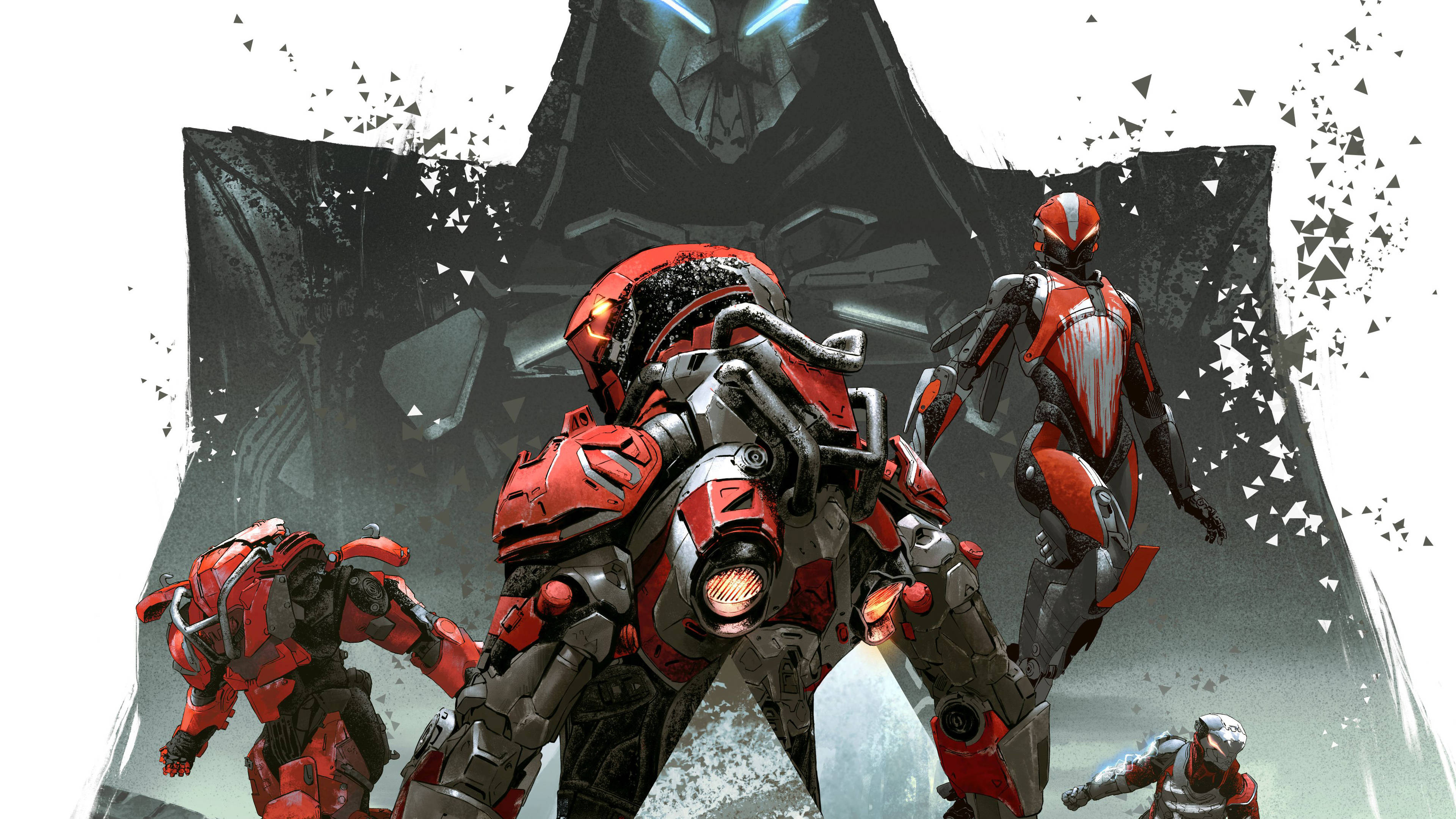 Anthem Game 4K, Red armored warriors, dark mechanical giant, 4K Desktop Wallpaper