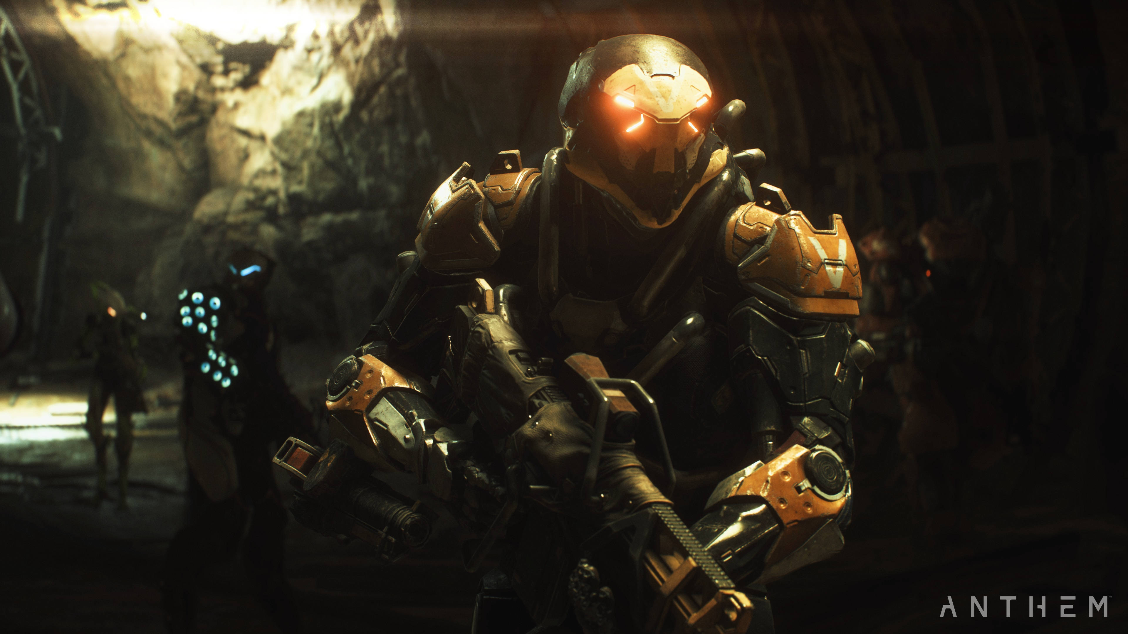 Anthem Game 4K, heavily armored soldier, glowing orange visor, 4K Desktop Wallpaper