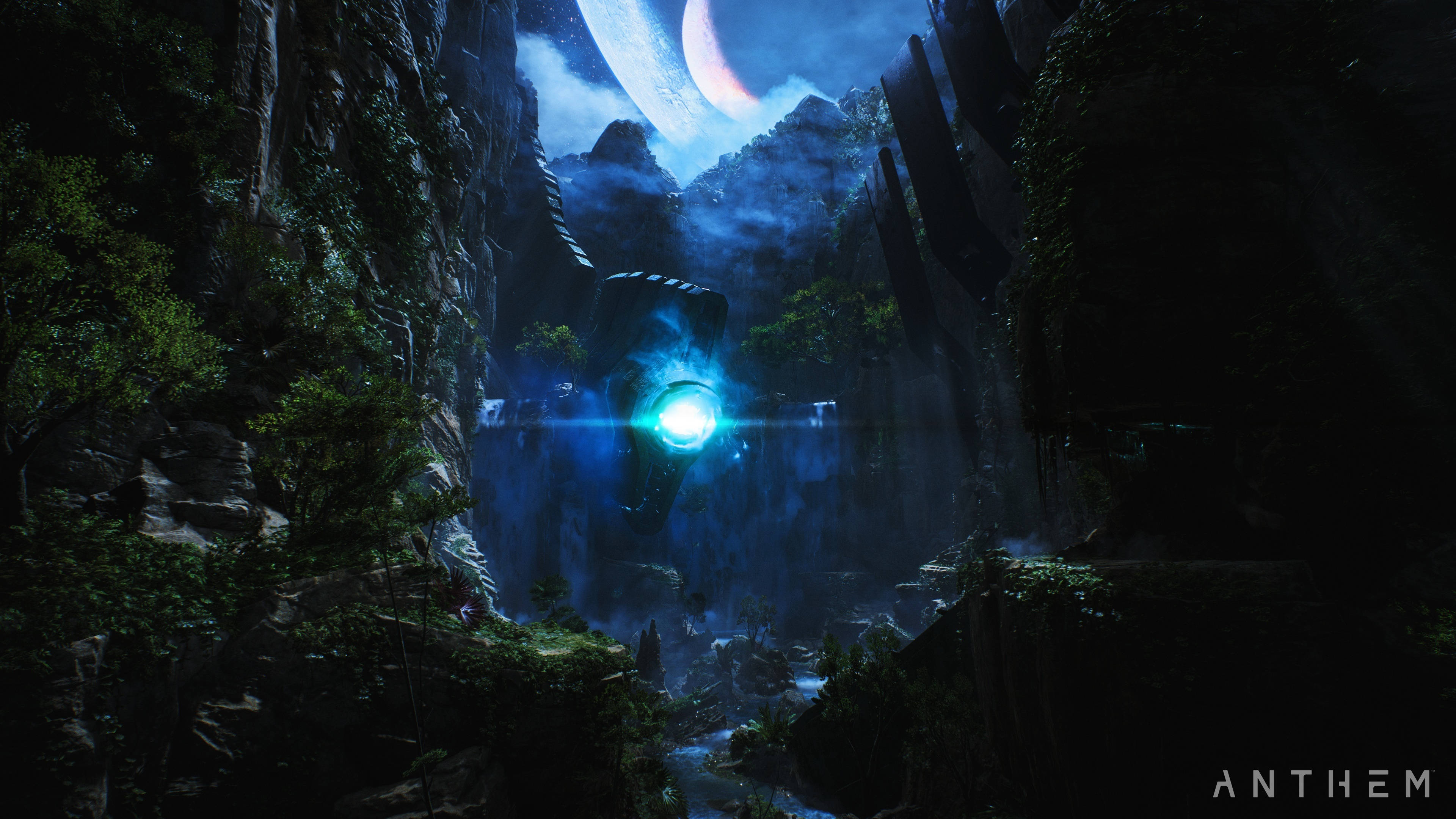 Anthem Game 4K, glowing blue orb, massive moon, 4K Desktop Wallpaper