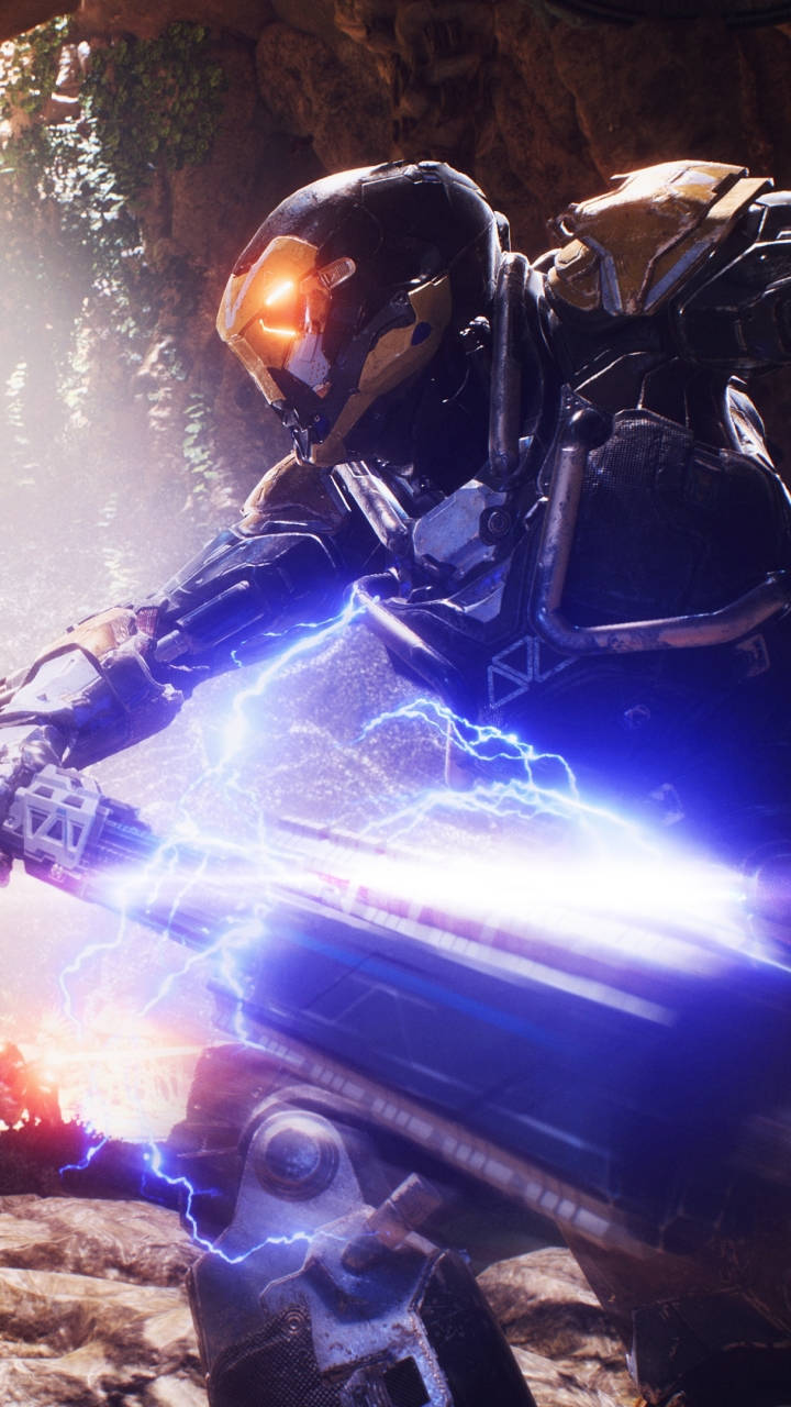 Anthem Phone, black and gold armor, glowing blue energy weapon, HD Phone Wallpaper