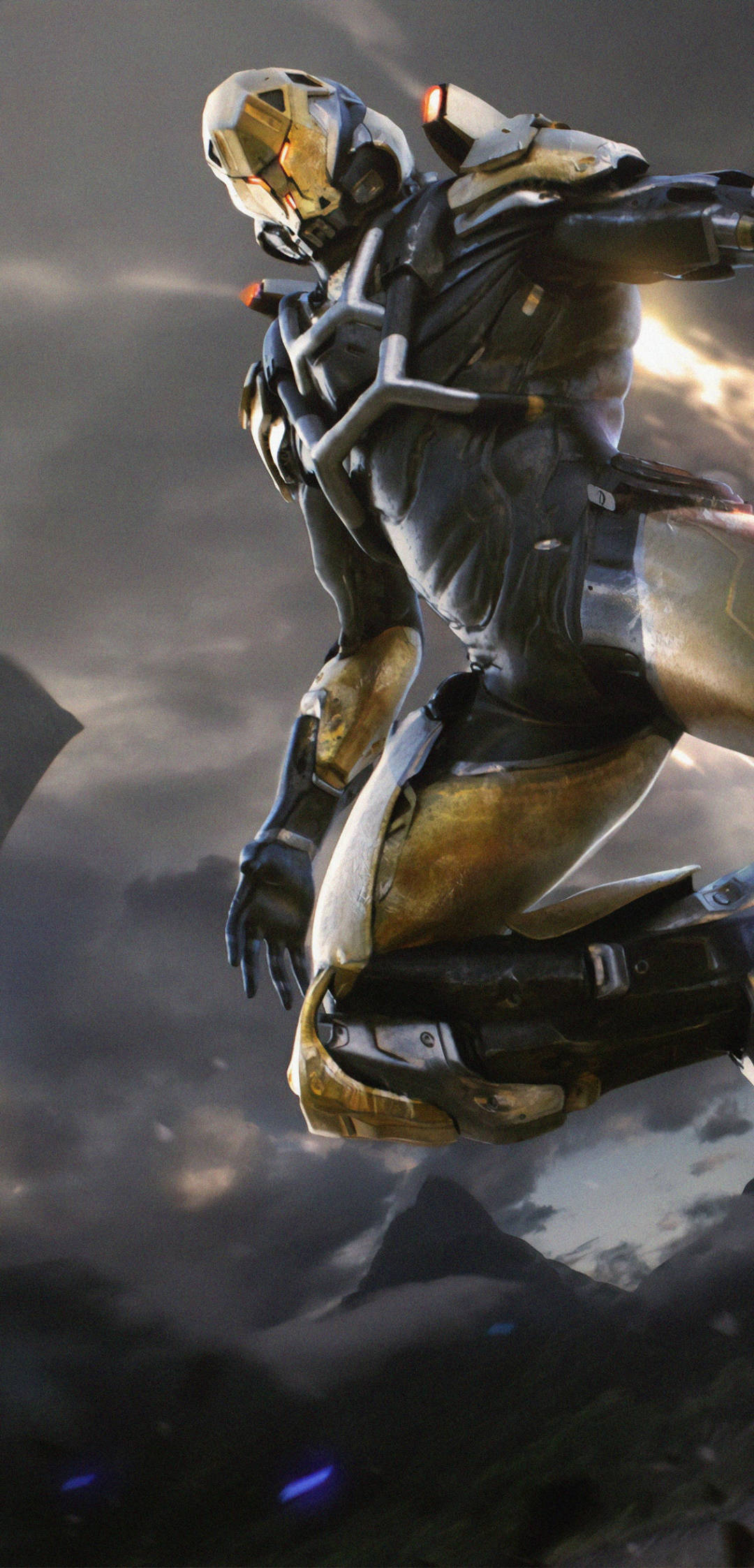 Anthem Phone, futuristic armored warrior, glowing gold accents, Full HD Phone Wallpaper