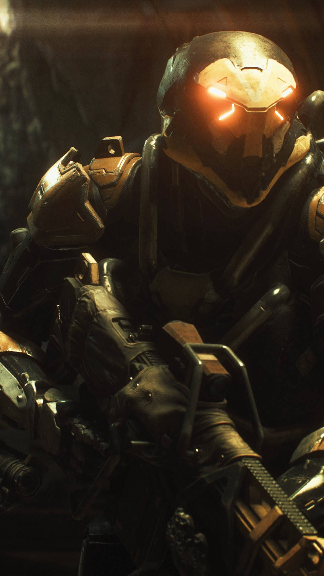 Anthem Phone, glowing orange visor, heavily armored soldier, Full HD Phone Wallpaper