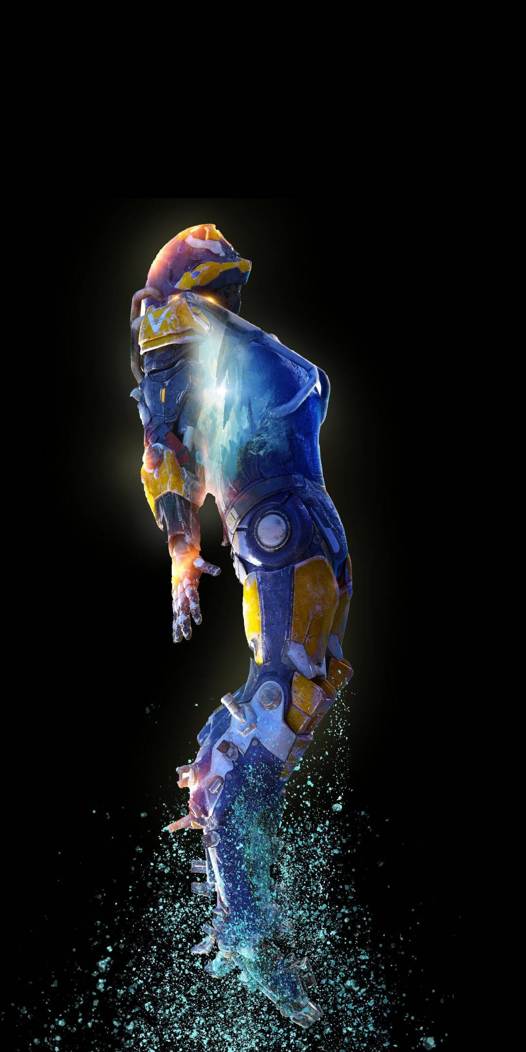Anthem Phone, futuristic armored figure, glowing particles, Full HD Phone Wallpaper