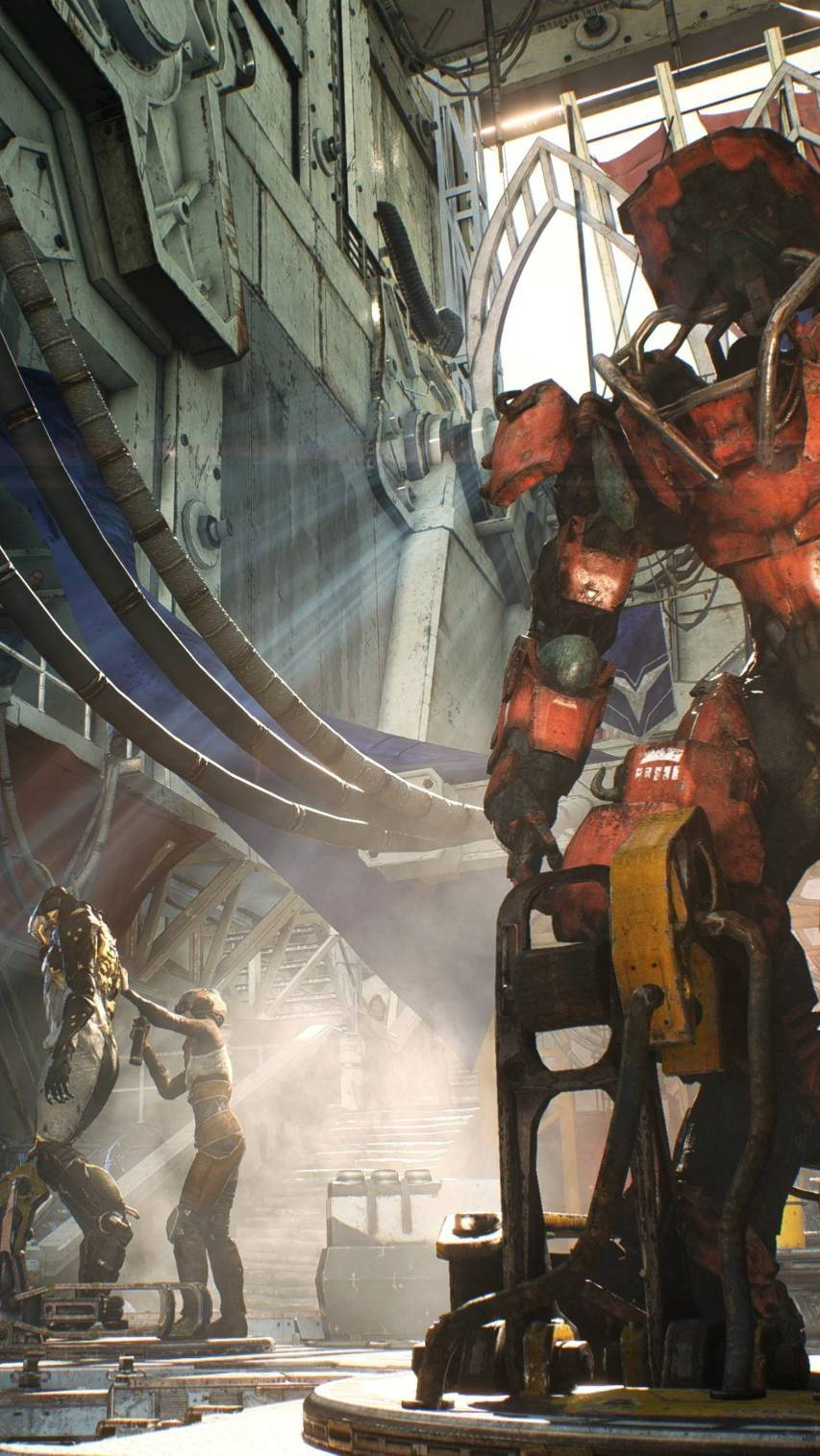 Anthem Phone, red armored mech, sunlit industrial hangar, HD Phone Wallpaper
