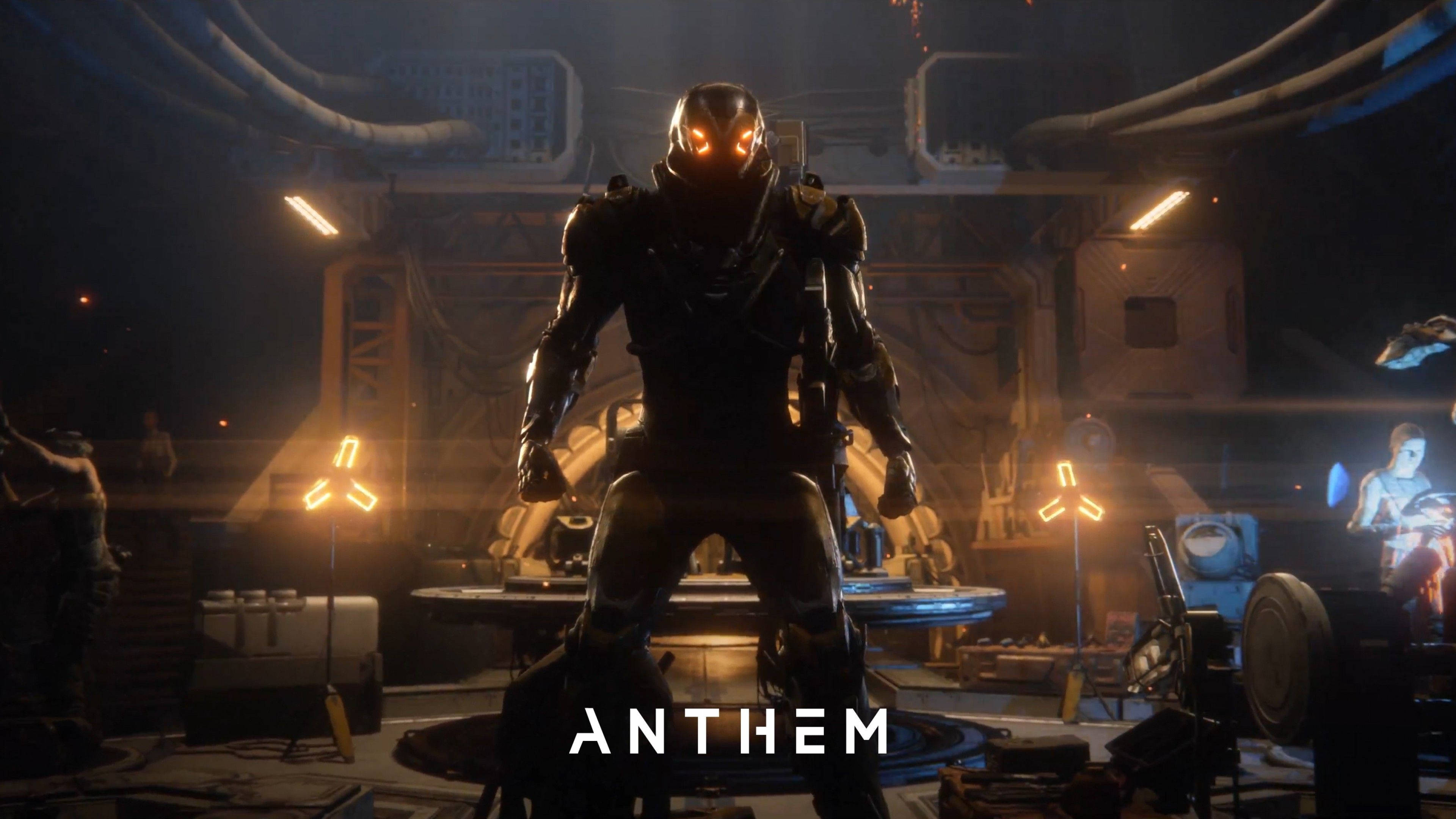 Anthem, cool anthem battle suit hd, glowing-eyed armored figure, 4K Desktop Wallpaper