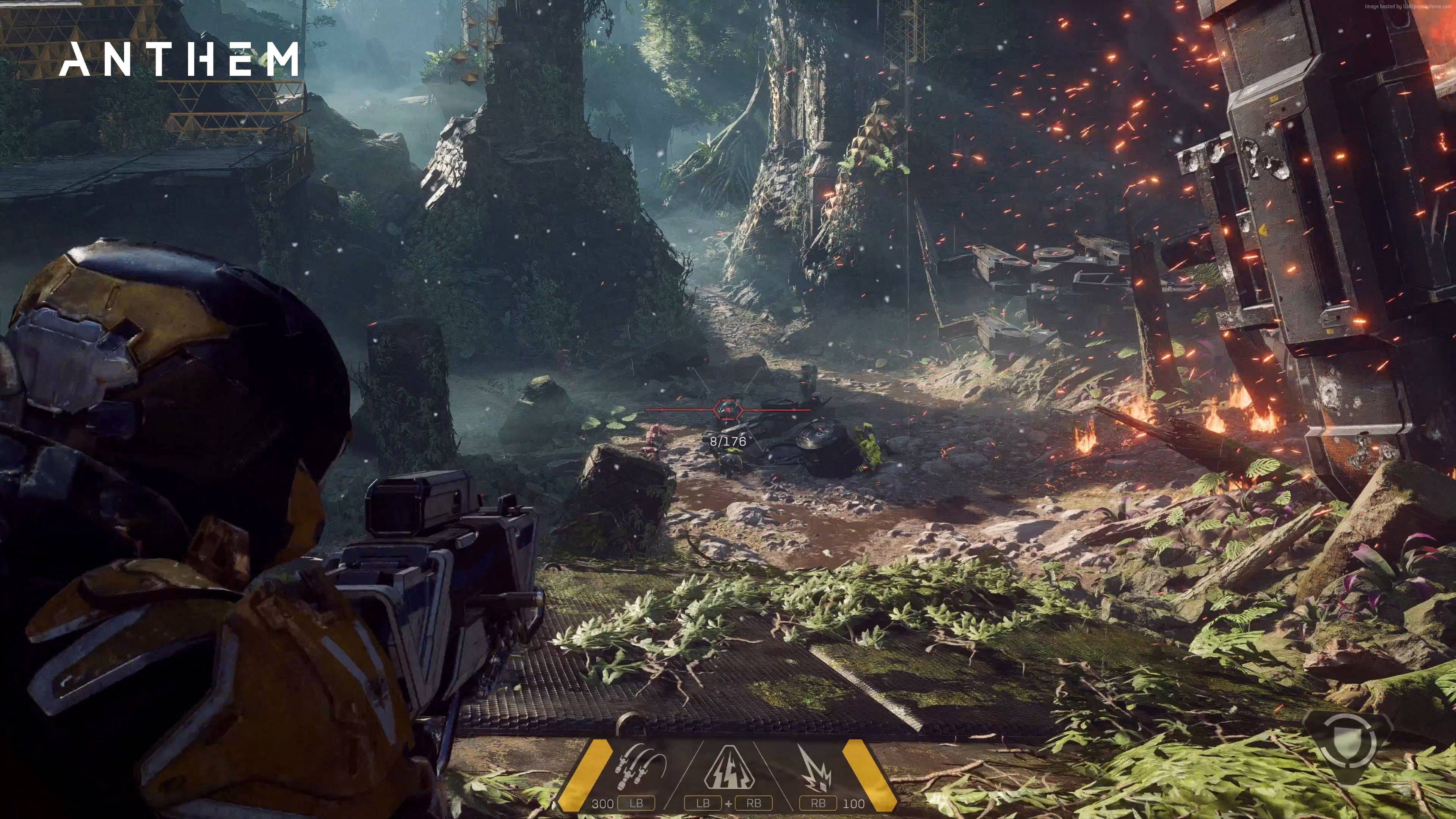 Anthem, futuristic armored suit, lush jungle battlefield, 4K Desktop Wallpaper