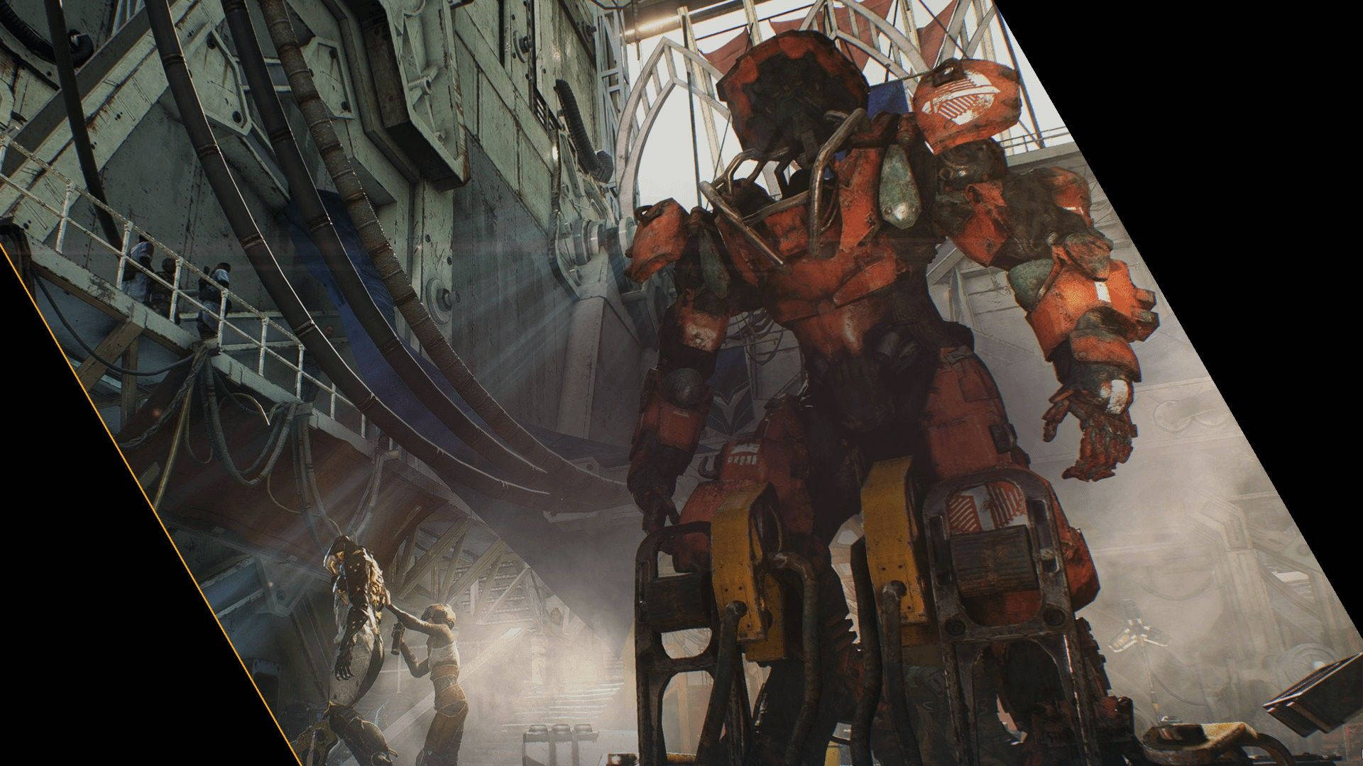 Anthem, rust red mech, industrial hangar, Full HD Desktop Wallpaper
