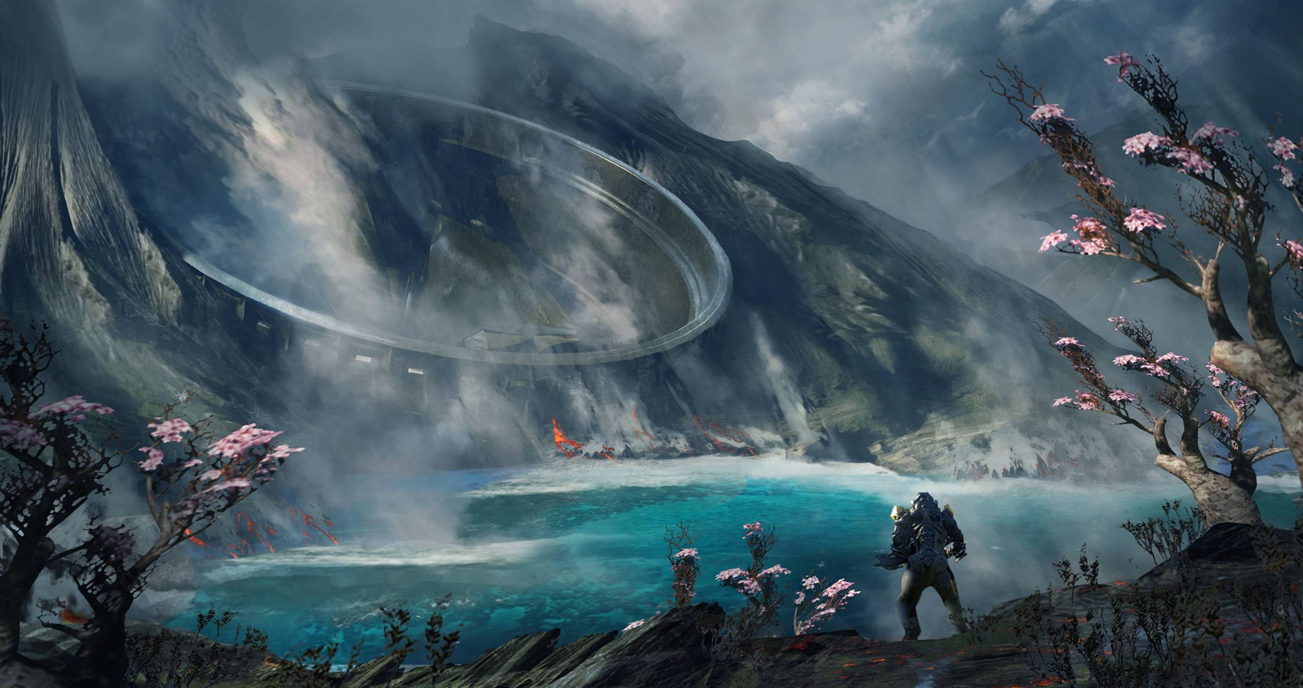 Anthem, glowing blue lake, colossal ringed mountain, 2K Desktop Wallpaper