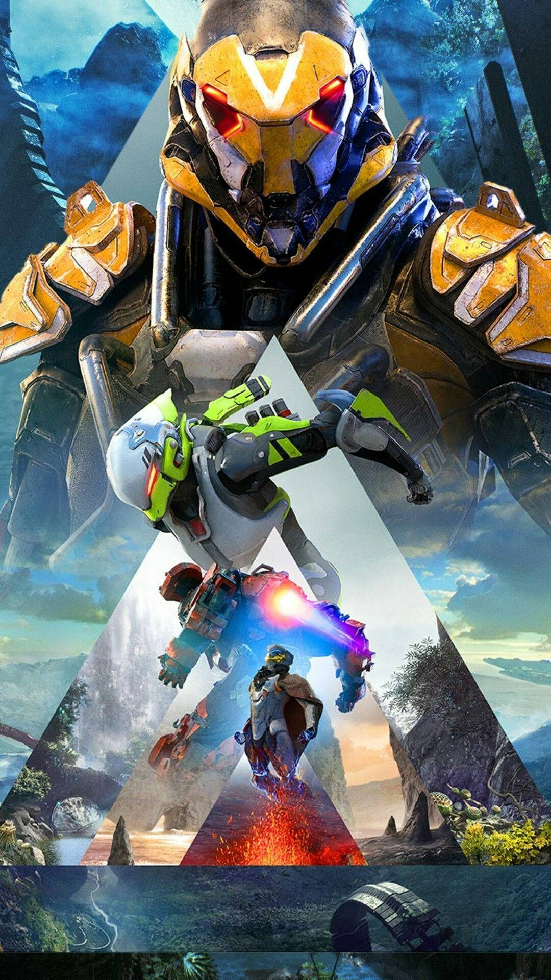 Anthem, yellow armored robot, triangular composition, Full HD Phone Wallpaper