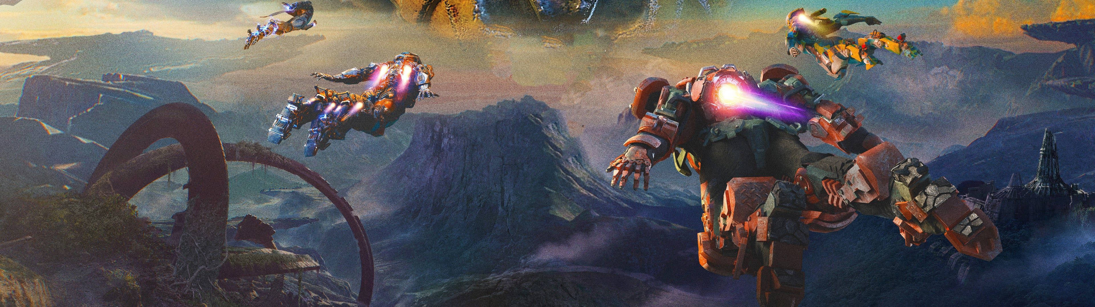 Landscape Anthem Dual Monitor, futuristic armored warriors, mountainous alien landscape, 4K Desktop Wallpaper