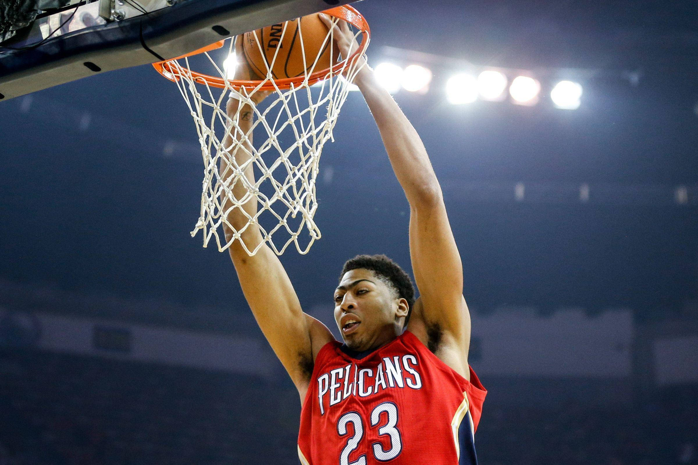 Anthony Davis, red Pelicans jersey, dunking, Full HD Desktop Wallpaper
