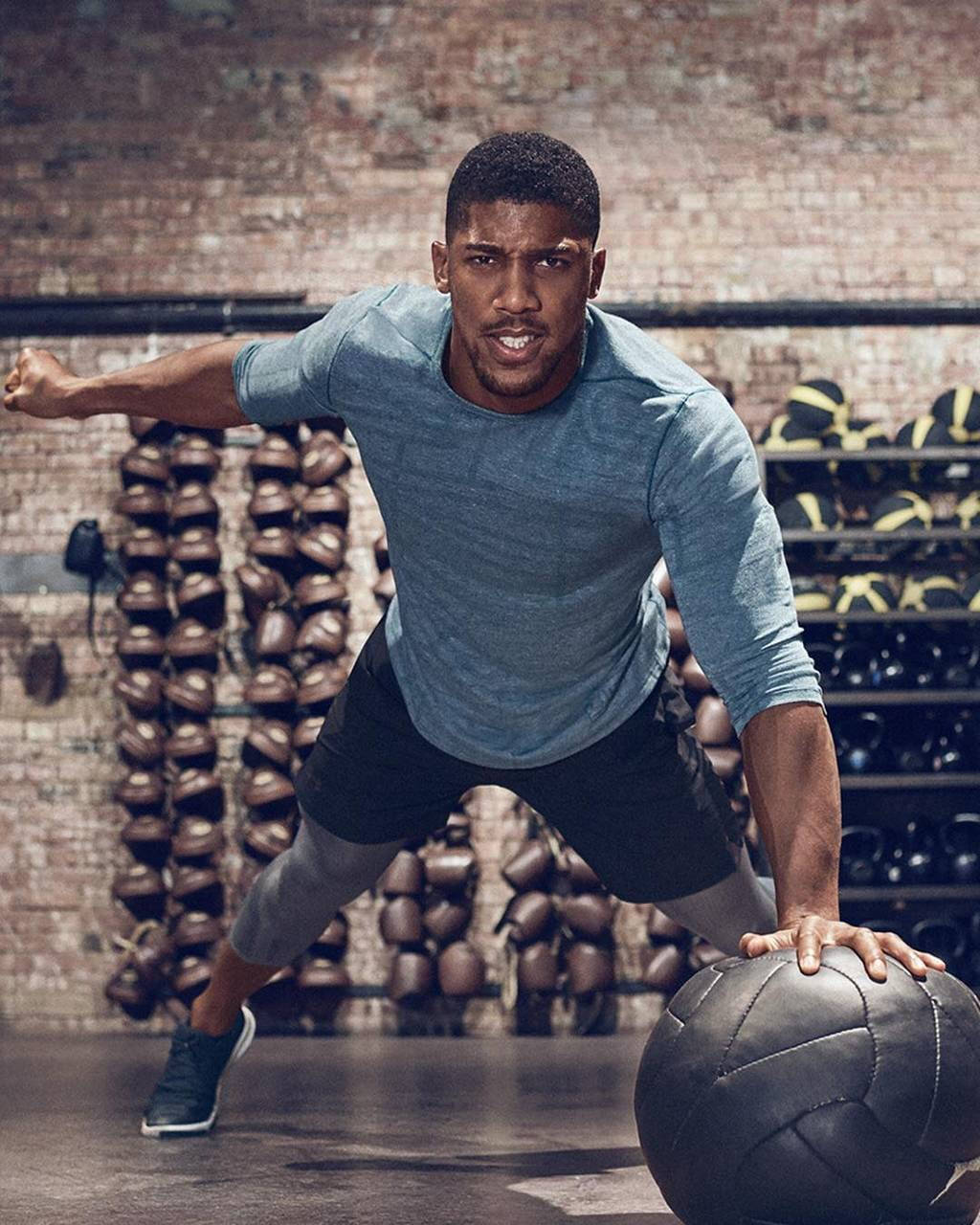 Anthony Joshua, blue shirt, black medicine ball, HD Phone Wallpaper