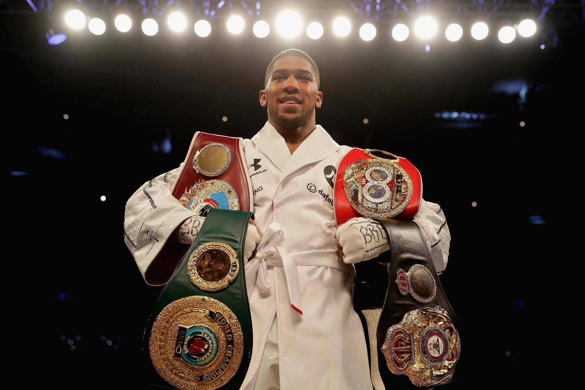 Anthony Joshua, white robe, four championship belts, Full HD Desktop Wallpaper
