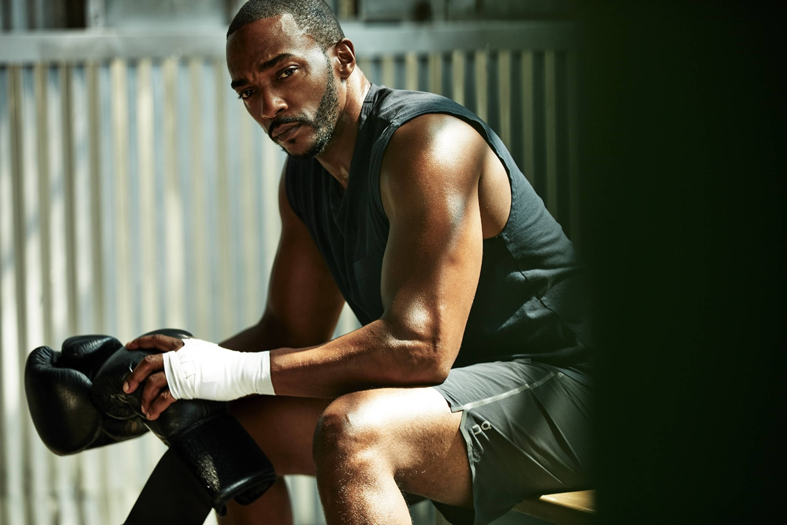 Anthony Mackie, black gear, gloves, 2K Desktop Wallpaper