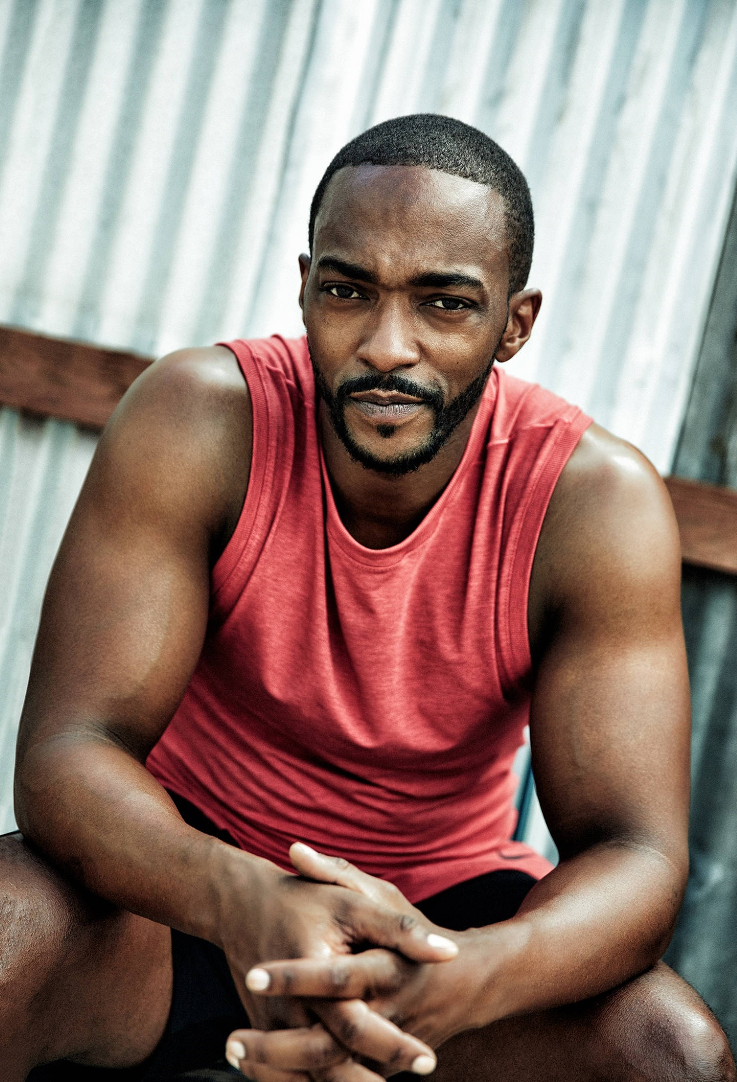 Anthony Mackie, Men's Health, red tank top, Full HD Phone Wallpaper