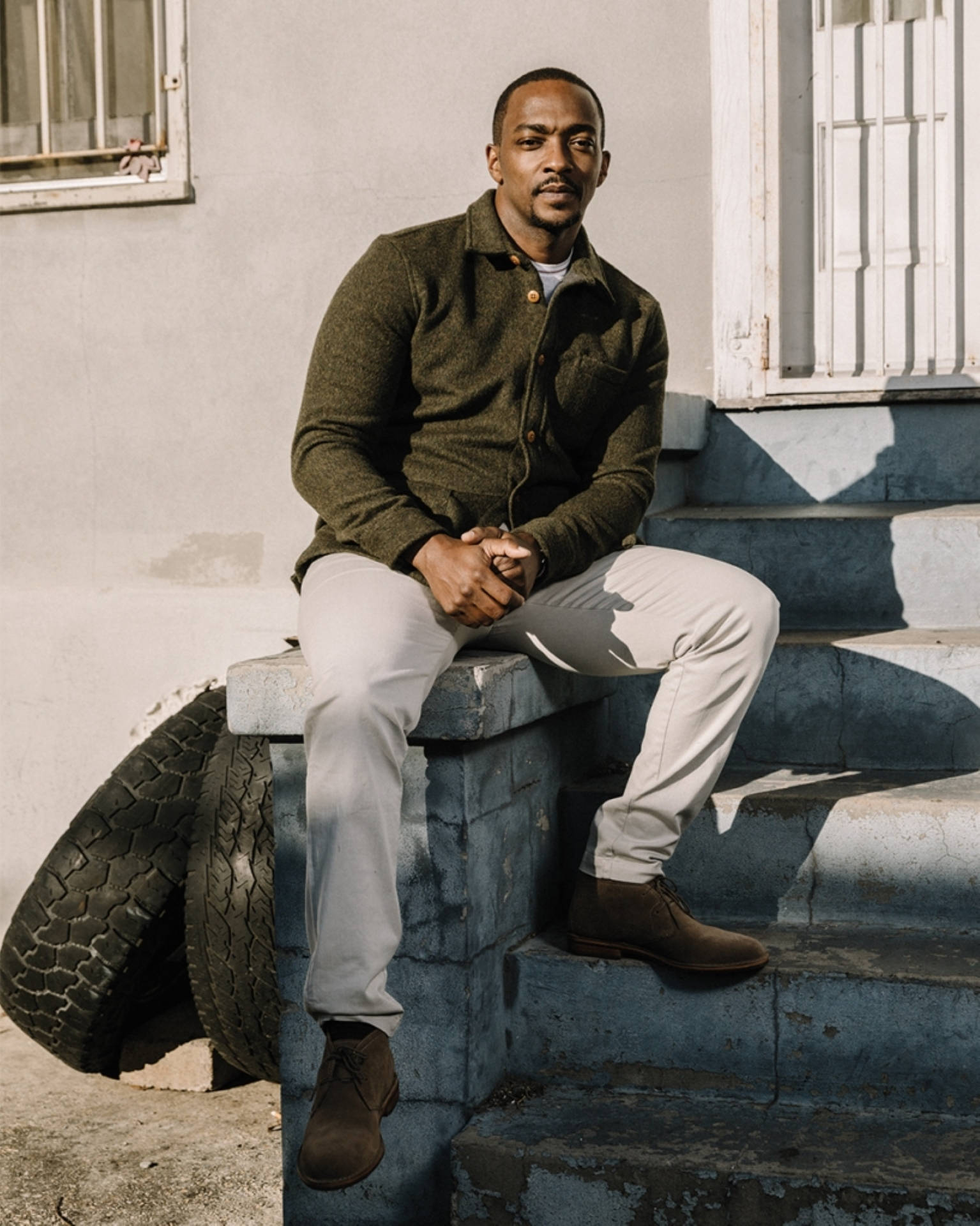 Anthony Mackie, olive jacket, beige pants, Full HD Phone Wallpaper