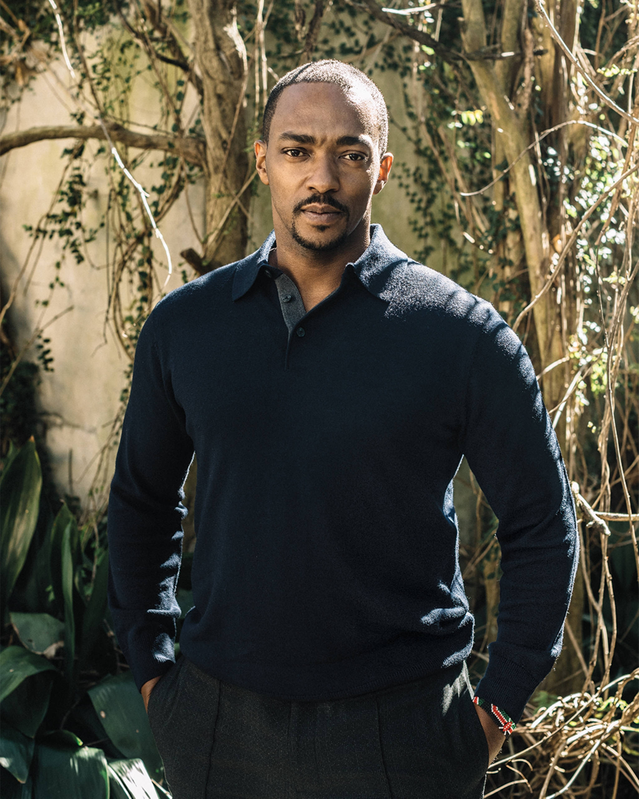 Anthony Mackie, dark sweater, sunlit garden, 2K Phone Wallpaper
