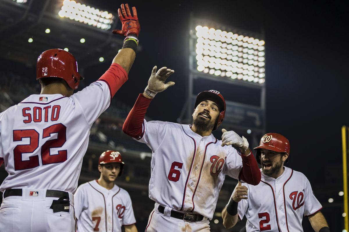 Anthony Rendon, high fiving teammates, white and red uniforms, SD Desktop Wallpaper