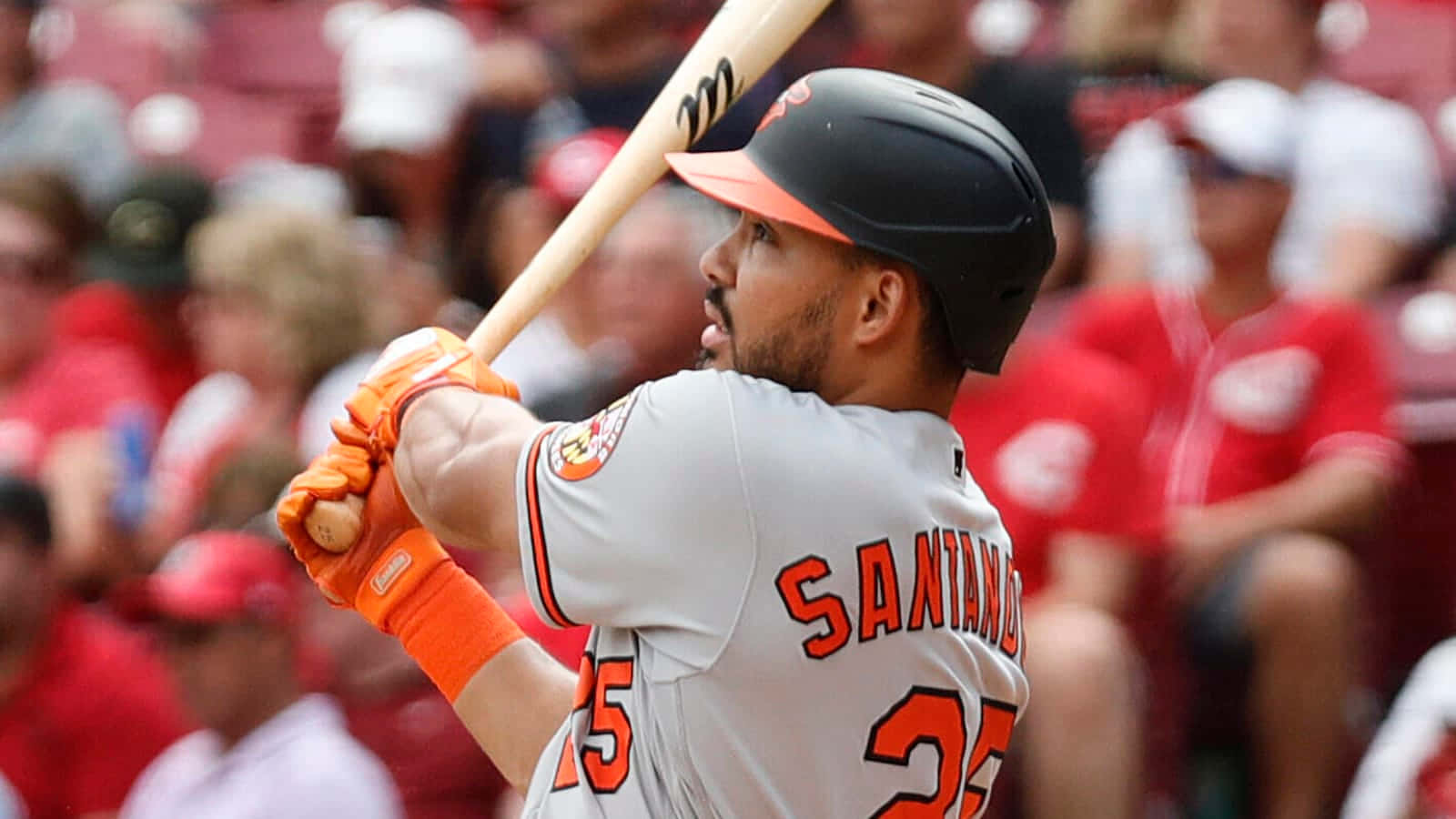 Anthony Santander, gray uniform with orange accents, batting action, HD Desktop Wallpaper