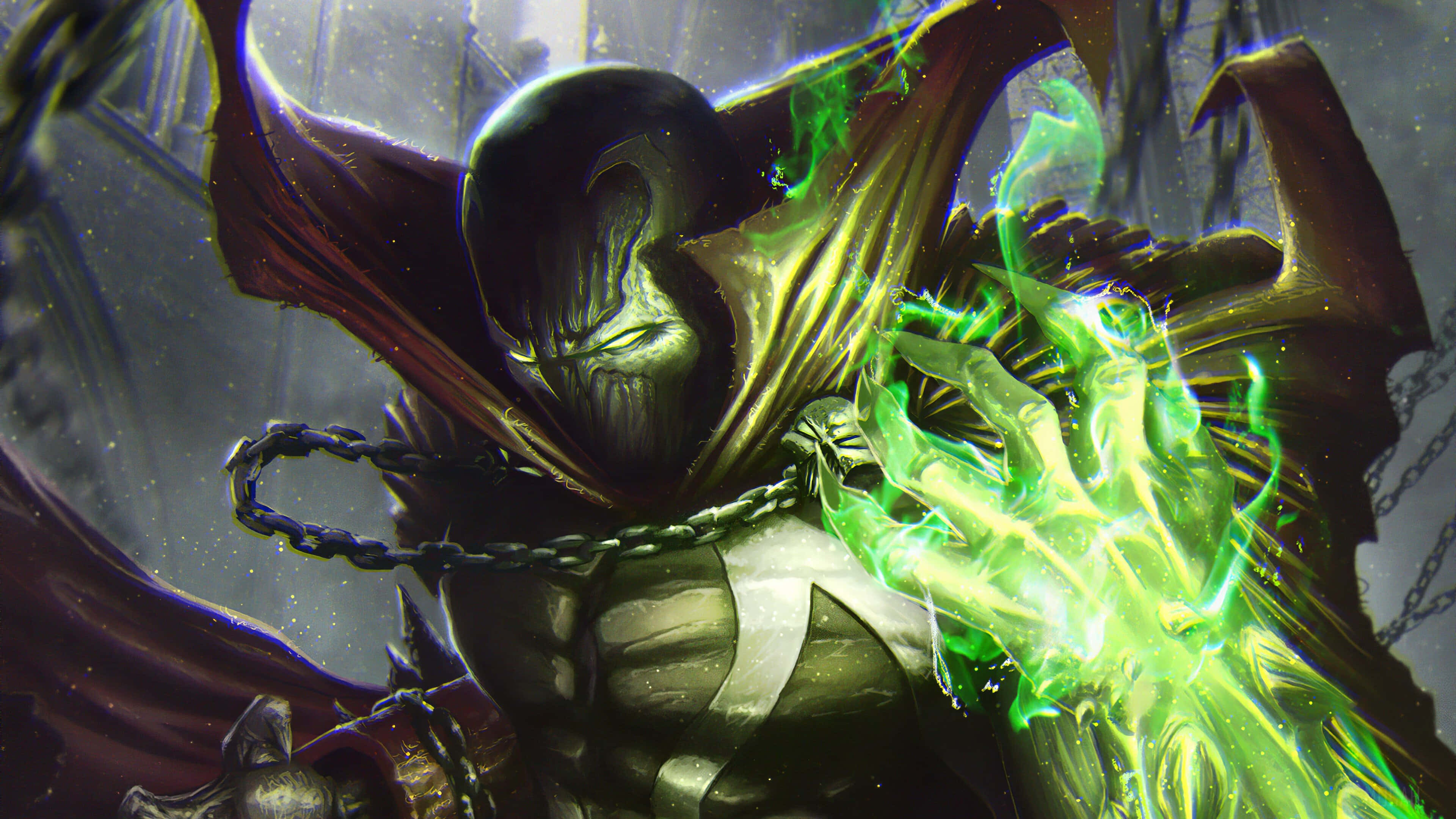 Anti-hero, red cape, glowing green energy, 4K Desktop Wallpaper