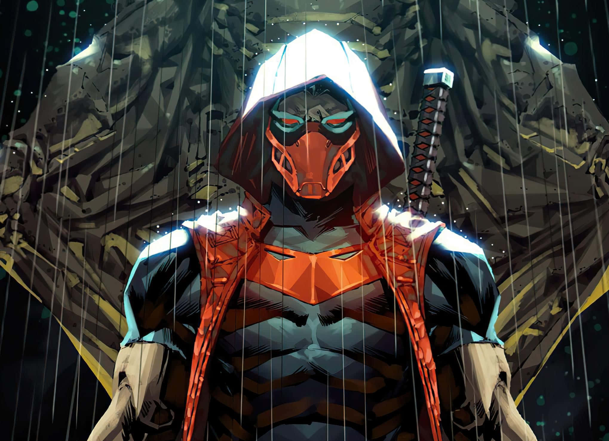 anti hero 2039, red and black armor, heavy rain, Full HD Desktop Wallpaper
