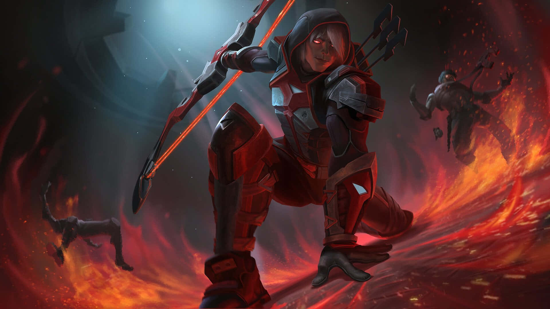 hooded warrior, red armor, glowing bow, Full HD Desktop Wallpaper