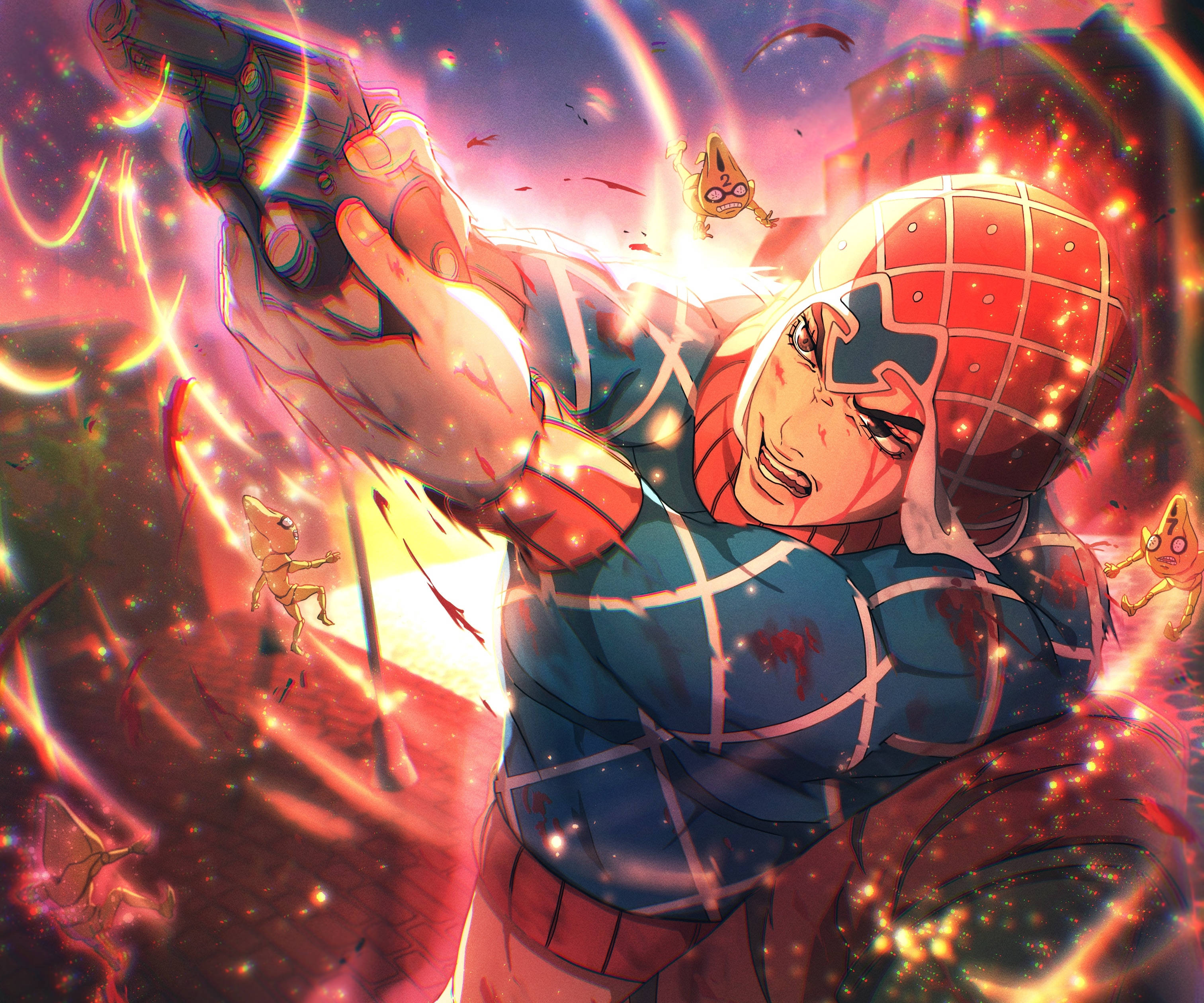 mista, red and blue grid-patterned suit, glowing pistol, 2K Desktop Wallpaper