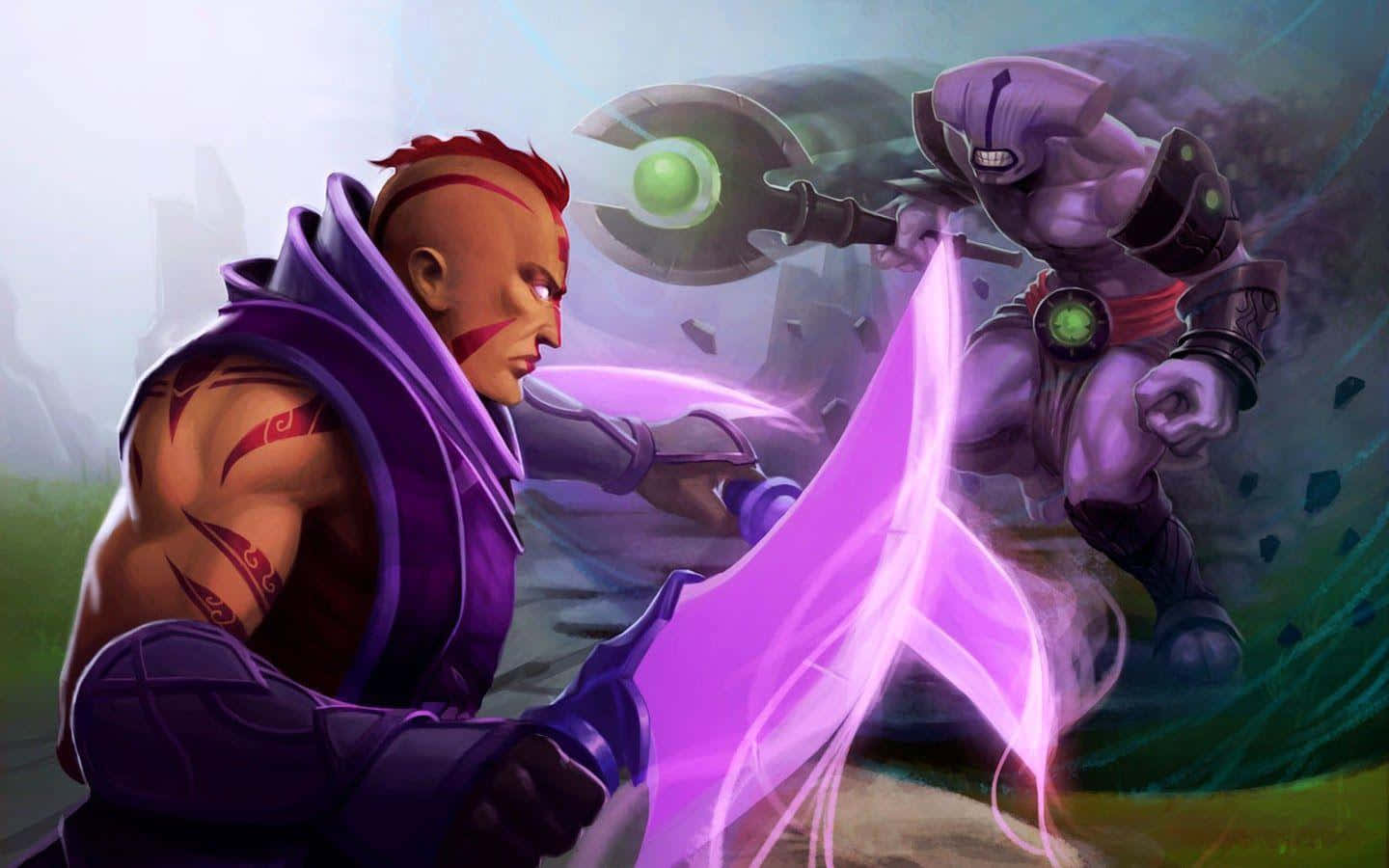 Anti-Mage, glowing purple energy weapons, misty battlefield, HD Desktop Wallpaper