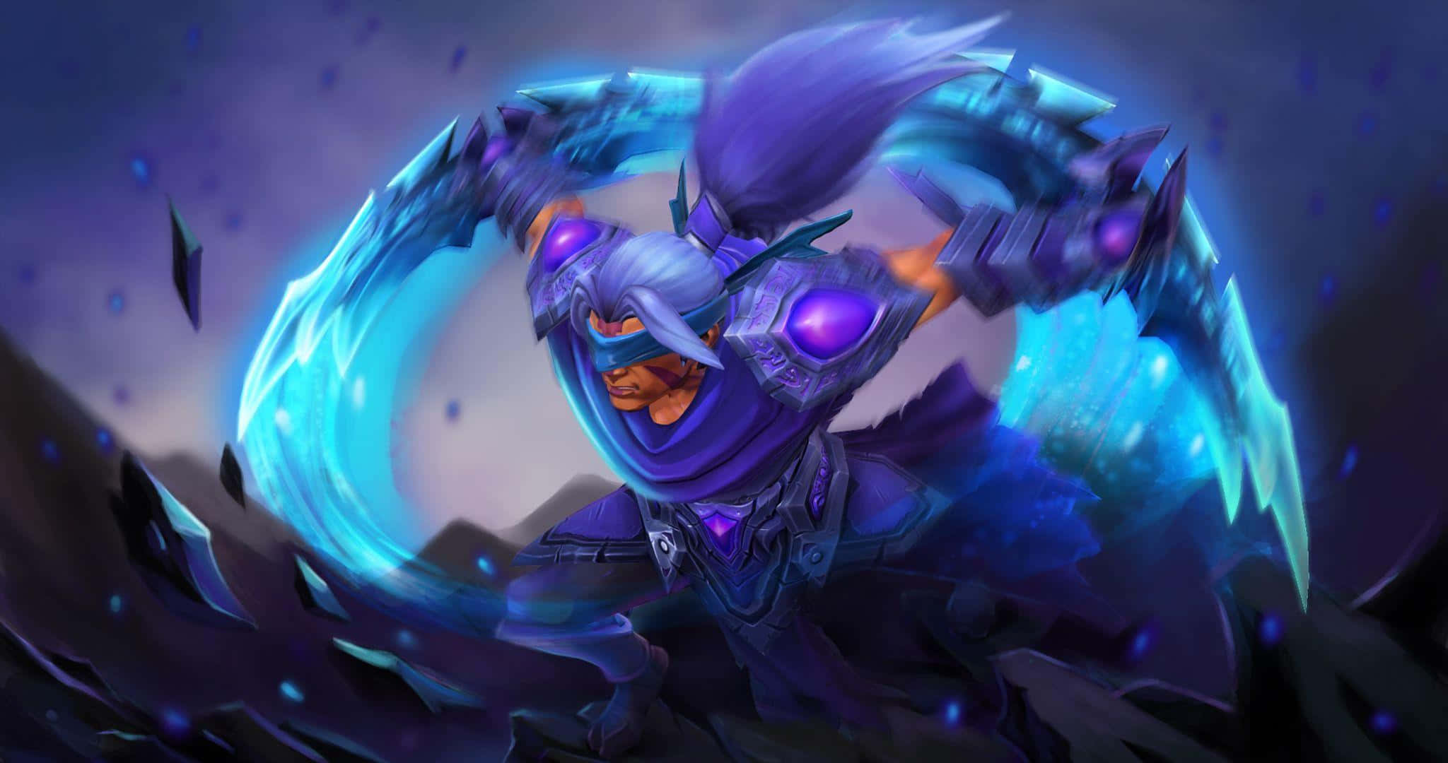 Anti-Mage, purple armored warrior, glowing blue energy blade, Full HD Desktop Wallpaper